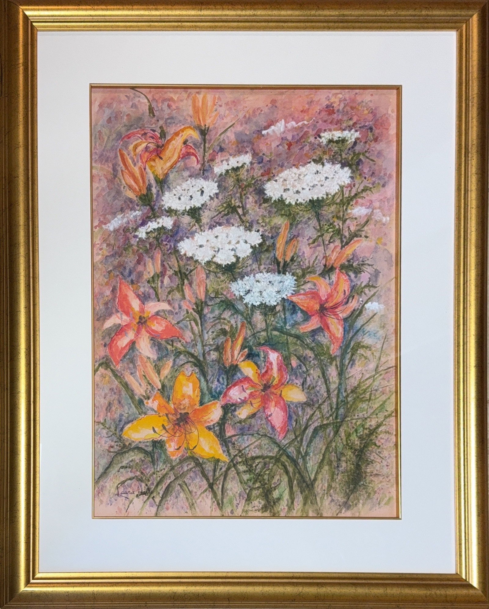 Laura Hills, Pastel on Paper, American( 1859 - 1952): KEYWORDS: Floral, Flowers, Orange lilies, Daylilies, White cluster flowers, Garden, Meadow scene, Foliage, Vibrant colors, Impressionist style, Artwork. Born: 1859 - Newburyport, Massachusetts. Died: