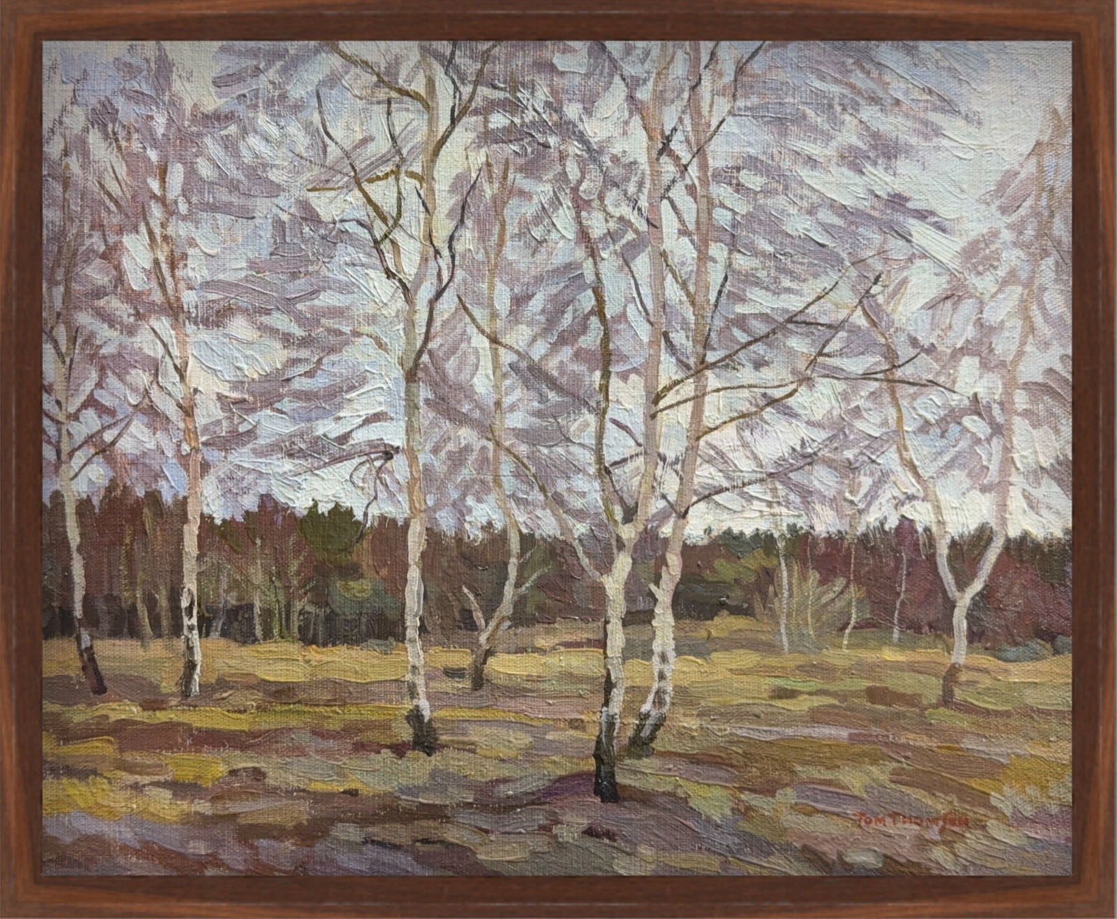 Tom Thomson, Oil on Masonite board, Canadian (1877 - 1917): KEYWORDS: Landscape, Spring, Birch trees, Bare branches, Woodland scene, Field, Impressionist style, Textured brushwork, Muted colors. Born: 1877 - near Claremont, Ontario, Canada. Died: 1917 - Canoe