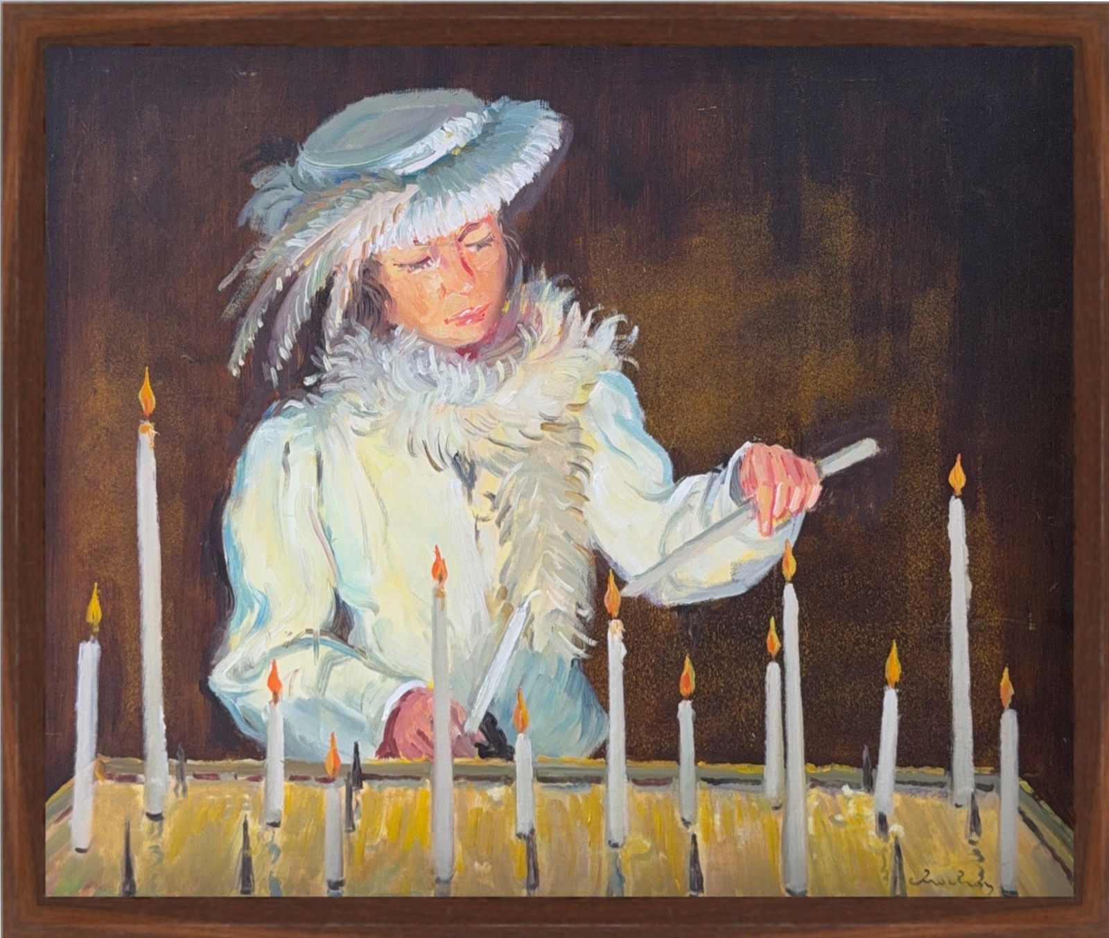 Andre Chochon, Oil on Canvas, French (1910 - 2005): KEYWORDS: Portrait, Figure, Woman, Feathered hat, White fur stole/collar, White jacket, Lighting candles, Candles, Candle flames, Warm lighting, Dark background. Andre Chochon (1910 - 2005) was active