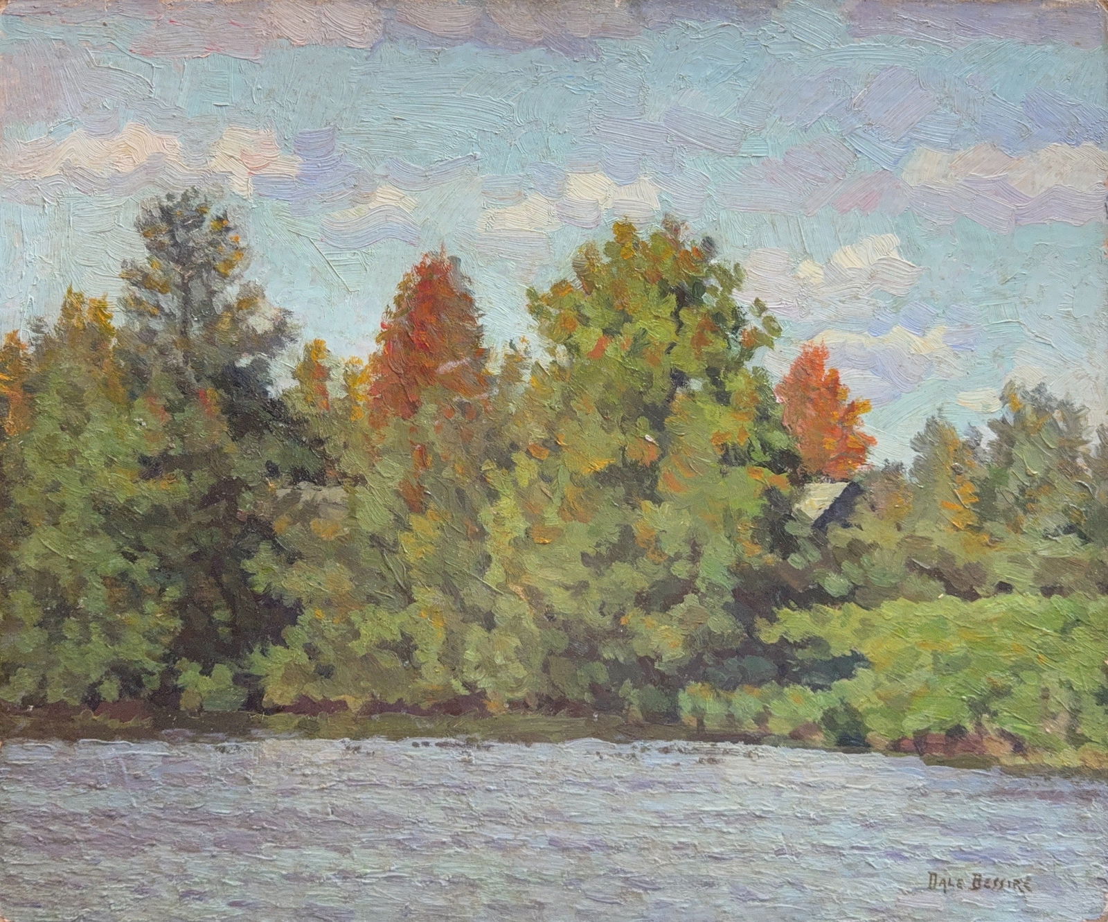 Dale Bessire, Oil on Masonite, American (1892 - 1974): KEYWORDS: Impressionist style, River landscape, Autumn foliage, Trees/forest, Water reflections, Blue sky, White clouds. Dale Philip Bessire (1892–1974) was a prominent American landscape painter an