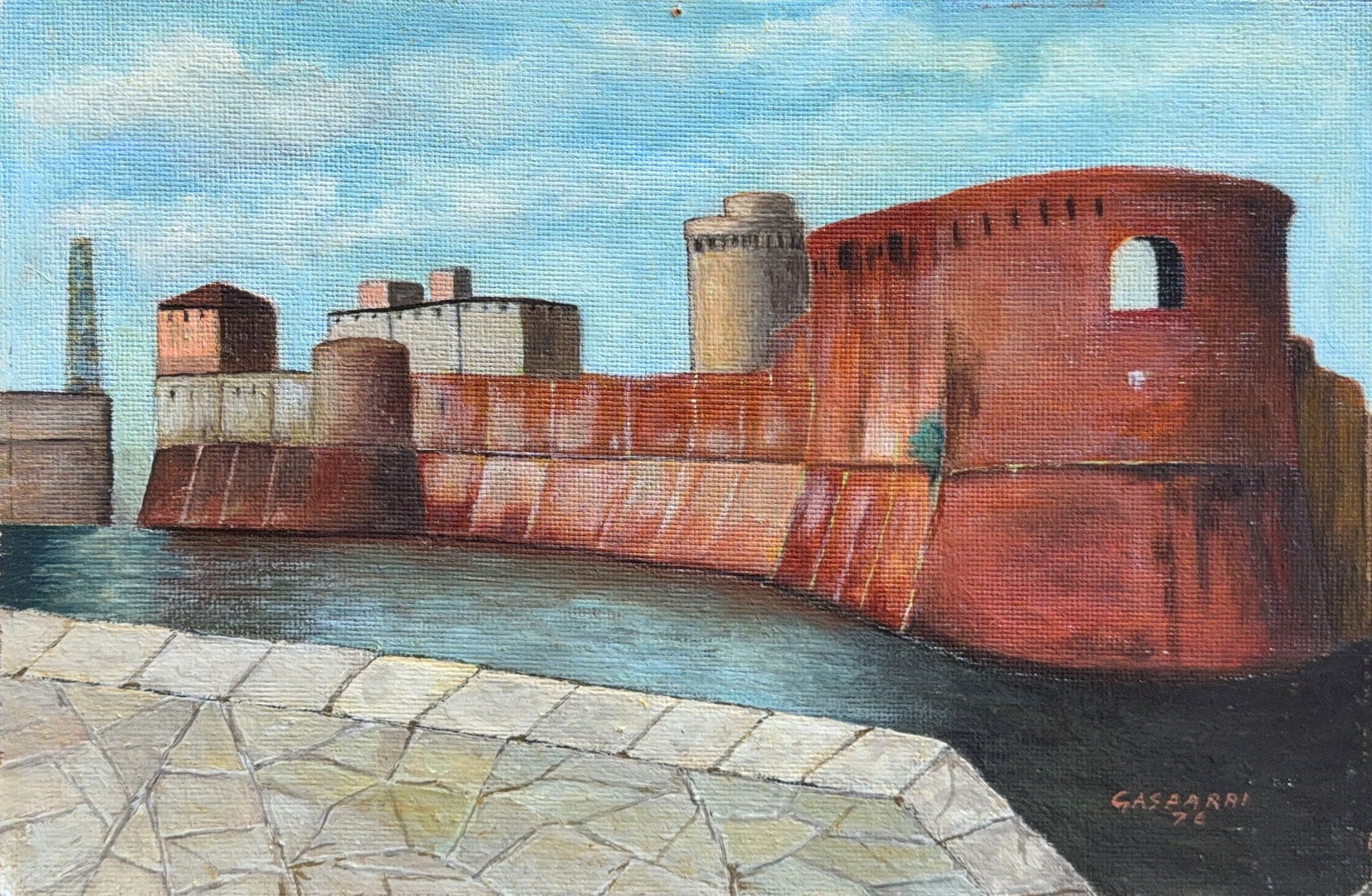 Pasqualino Gasparri, Oil on Wood board: KEYWORDS: Fortezza Vecchia, Old Fortress, Livorno, Italy, Seascape or Waterscape, Harbor, Fortification, Red brick, Architecture, Towers, Oil painting. Pasqualino Gasparri is associated with Italy, pa