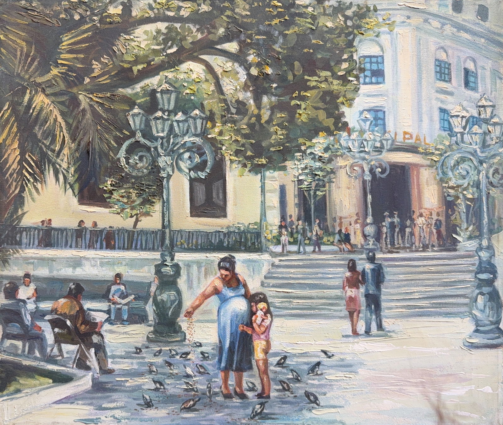 Doris Ramos, Oil on Canvas, Venezuelan (On going): KEYWORDS: Urban scene, Cityscape, Square, Plaza, Building, Architecture, Neo-Renaissance architecture, "ALPAL" building (text visible on the building), People (figures), Pigeons or Birds, Feeding bird