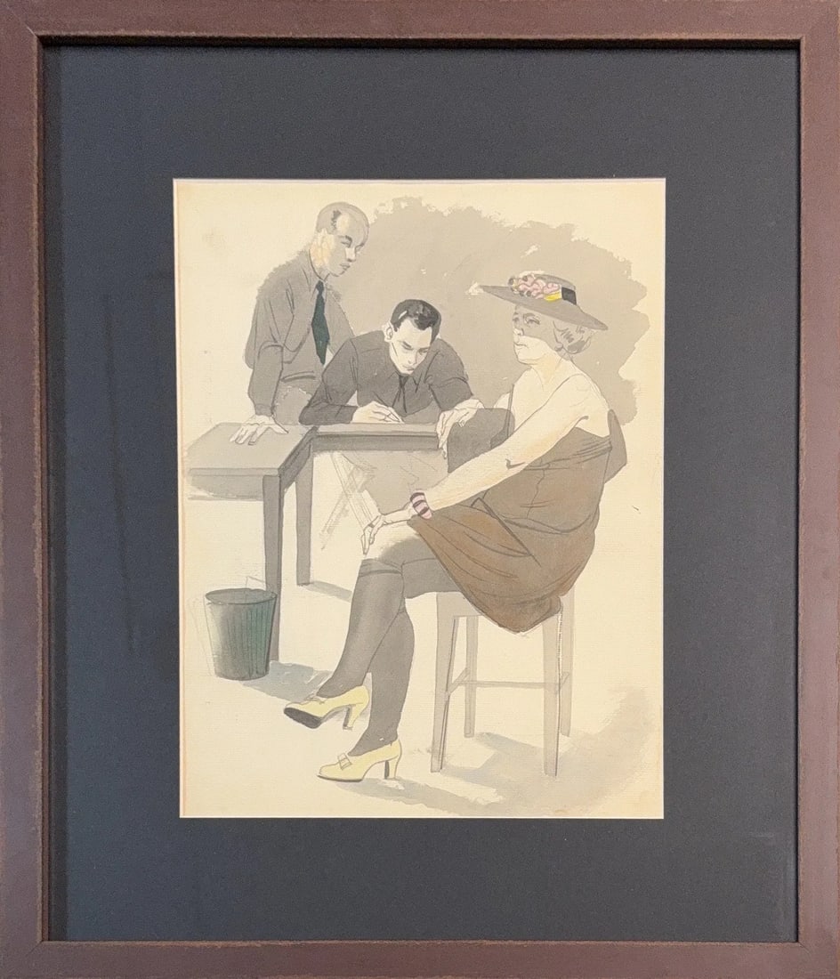 Illustrated Art Deco-style, Watercolor on Paper: KEYWORDS: Vintage illustration, Art Deco, 1920s / 1930s style, Flapper fashion, Retro, Fashion illustration, Drawing style, Sketch, Social scene, Period art. The image emphasizes the seated woman's co