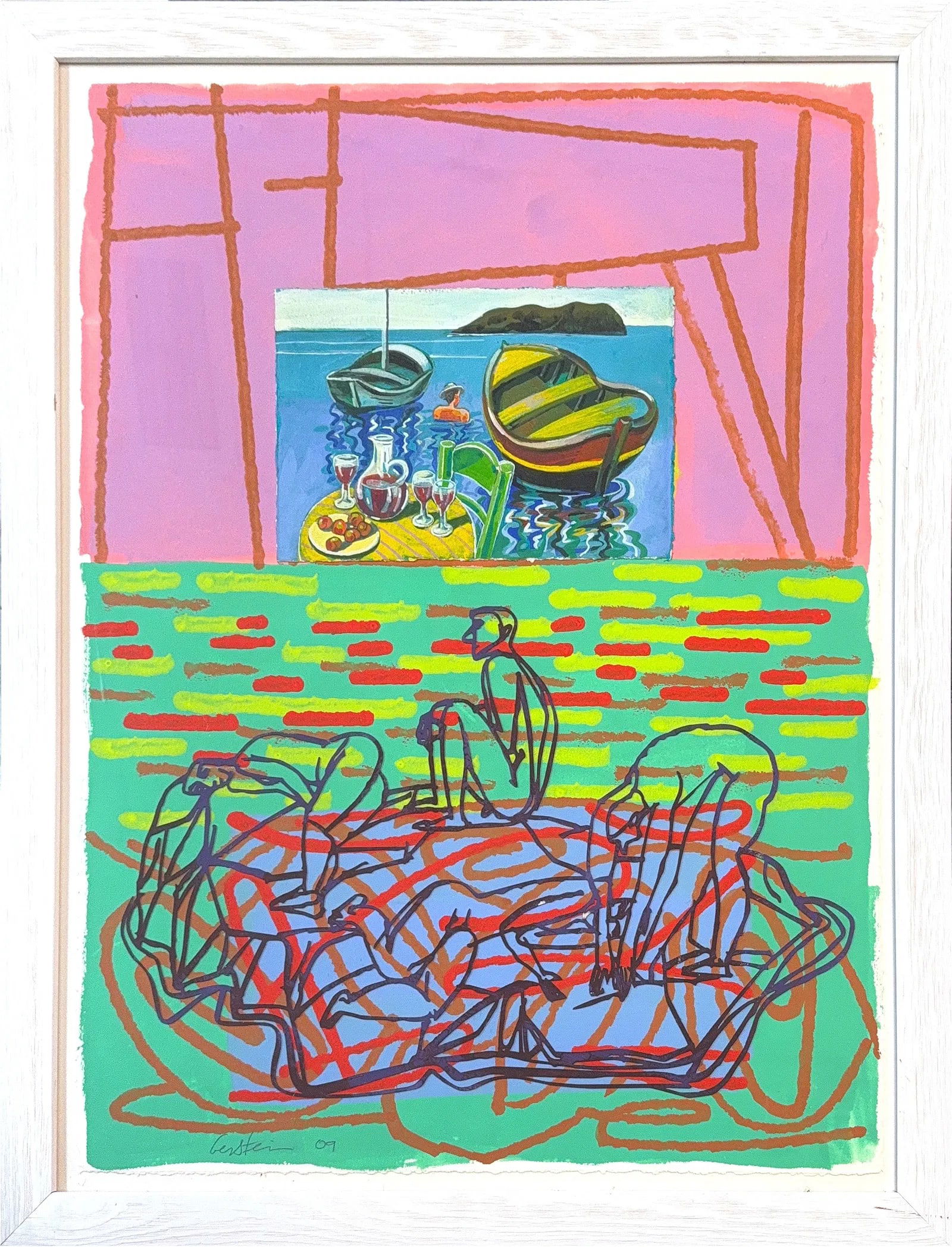 David (Dudu) Gerstein, Gouache/Mix-Media/Collage, Israeli (1944 - Ongoing): KEYWORDS: Vibrant, Colorful, Bold lines, Expressive, Figurative, Abstract, Diptych, Fauvism, Pop Art. Born in Jerusalem in 1944, Israeli Artist David Gerstein studied at the renowned Bezalel Art Schoo