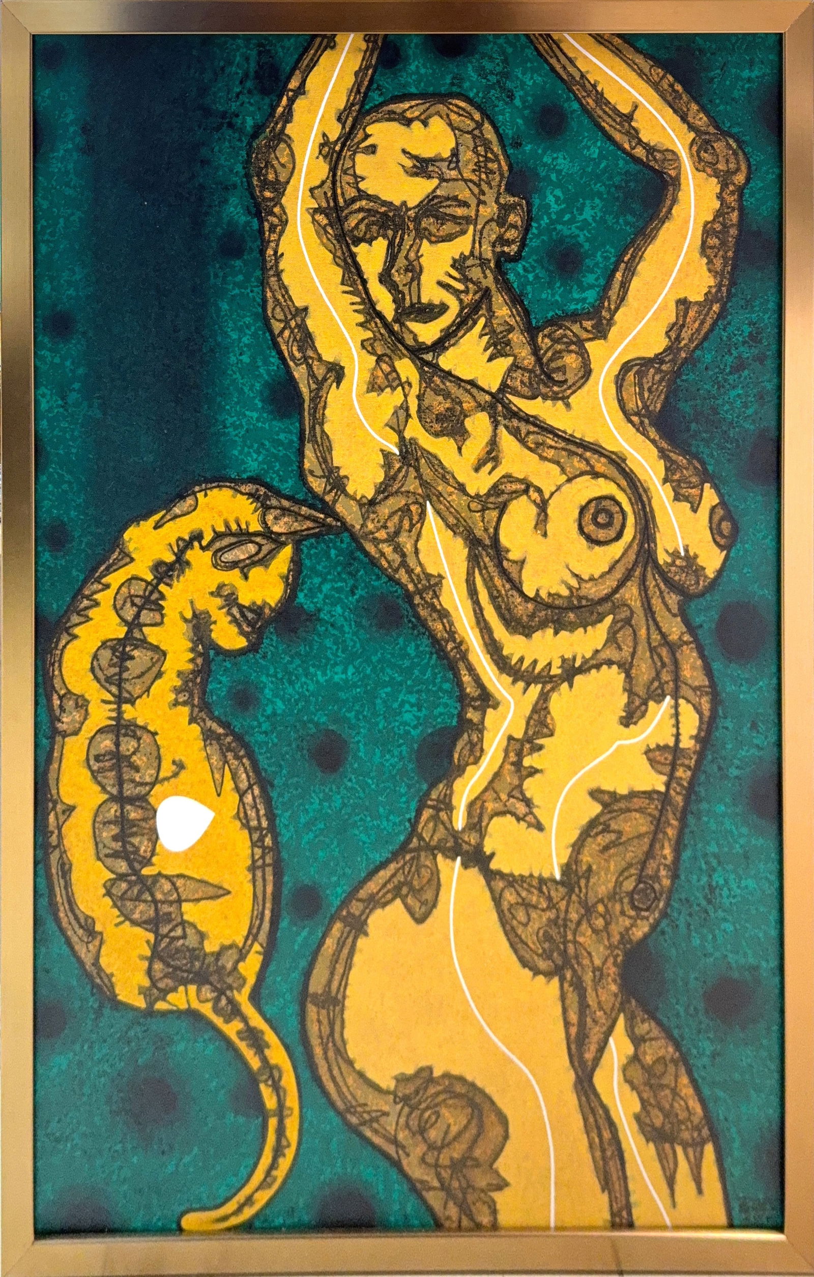 Raul Rodriguez (Boro), Oil on Canvas, Cuban (1982 - On Going): KEYWORDS: Humanoid figure, Cat silhouette, Raised arms, Companion animal, Golden yellow, Deep teal, Forest green, Dark umber, Stark white, Abstract expressionism, Contemporary art, Organic line-work,