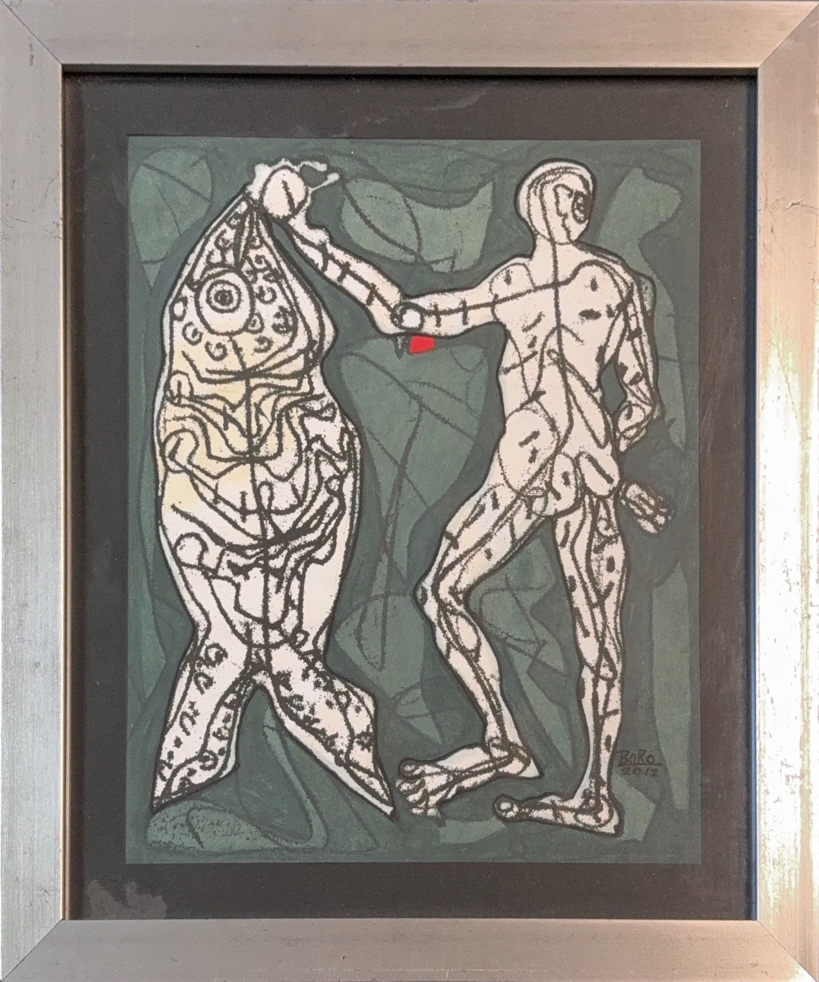 Raul Rodriguez (Boro), Acrylic/Mix-Media on Paper, Cuban (1982 - On Going): KEYWORDS: Contemporary abstract, Biomorphic abstraction, Organic forms, Humanoid figure, Large fish-like creature, Sage green, Charcoal grey background, Ivory-white main subjects, Single vibrant red a