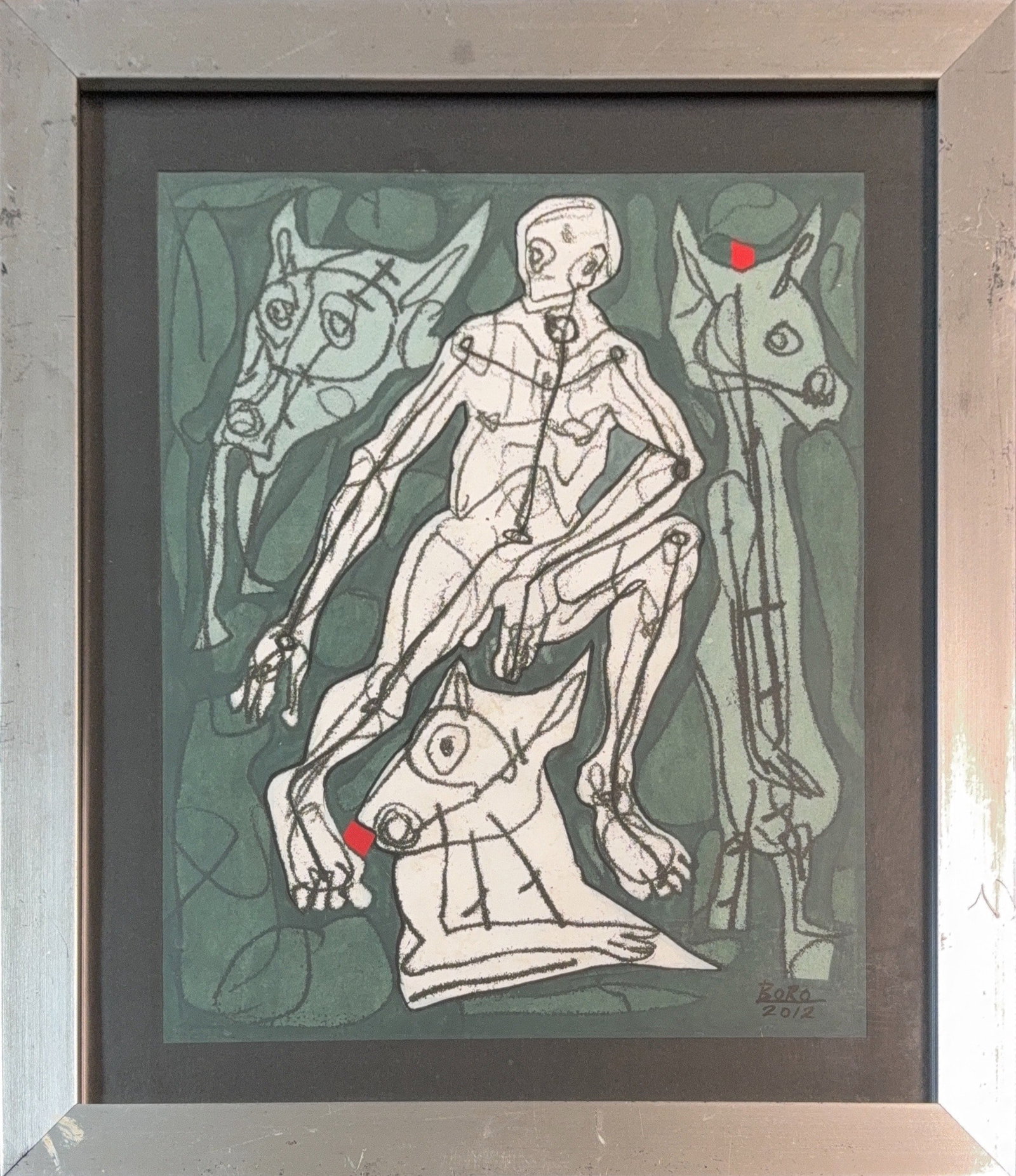 Raul Rodriguez (Boro), Acrylic/Mix-Media on Paper, Cuban (1982 - On Going): KEYWORDS: Contemporary Cuban art, Figurative abstraction, Surrealism, Humanoid figure, Dogs/Wolves, Anatomical structures, Deep forest green, Charcoal, Ivory-white, Vibrant red accents, Intricate line