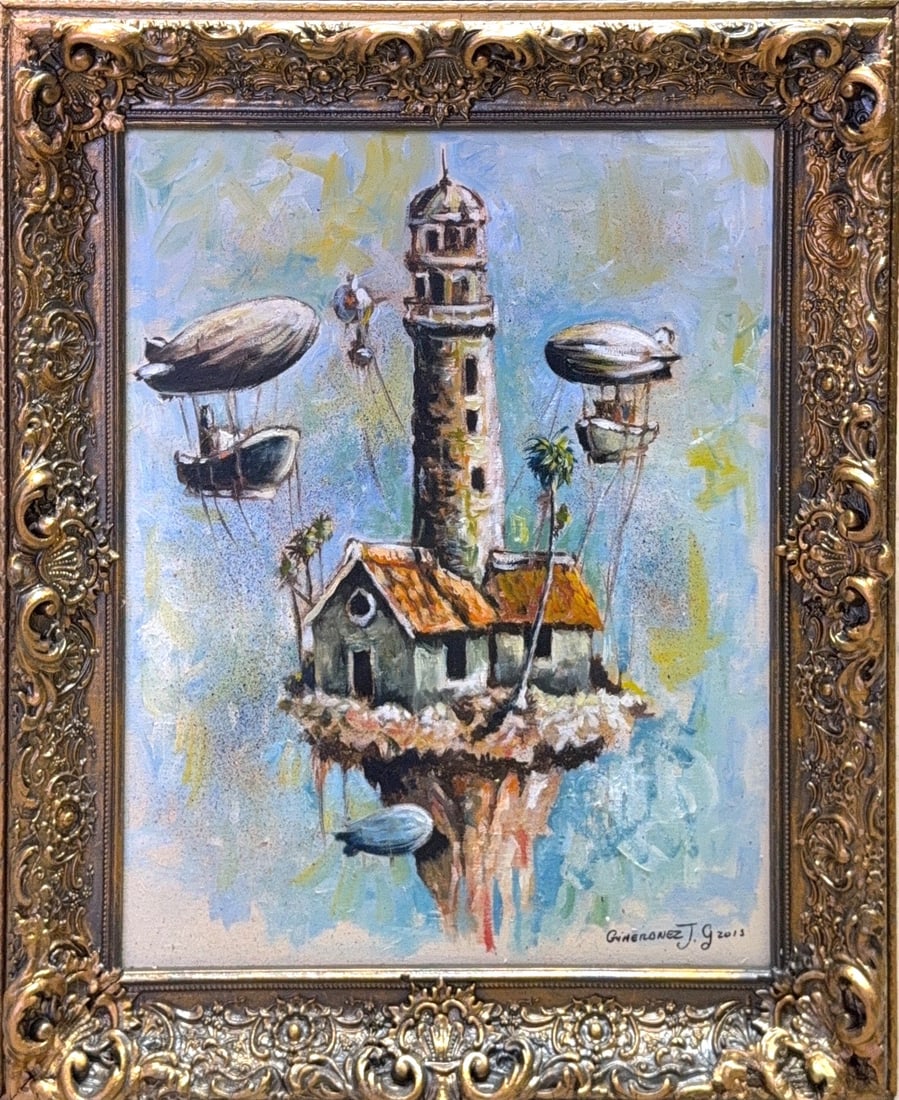 Jorge Gómez, Oil on Canvas, "Lighthouse"(2015): KEYWORDS: Surrealism, Steampunk, Floating island, Stone lighthouse, Airships (blimps), Rustic cottage, Atmospheric sky, Whimsical, Industrial fantasy. This painting, titled "Lighthouse" (2015), is a s