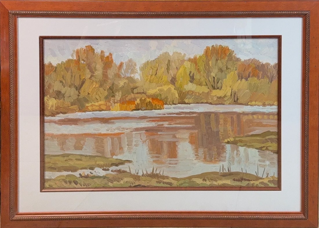 Paul Turner Sargent, Oil on Board, American (1880 - 1946): KEYWORDS: Landscape, Autumn, Fall, River, stream, Impressionist, Expressionist style, Trees, Yellow/orange leaves, Reflections, Plein Air. Born: 1880 - Coles County, Illinois. Died: 1946 - Coles Count