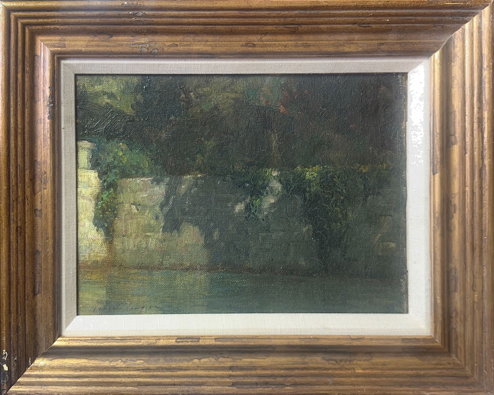 John Singer Sargent, Oil on Canvas, Italian (1856 - 1925) Attributed: KEYWORDS: American, Impressionist, Landscape, Waterfront, Atmospheric, Muted, Luminous, Trees, Water. Attributed. In the style and manner of artist. Born: 1856 - Florence, Italy. Died: 1925 - London,