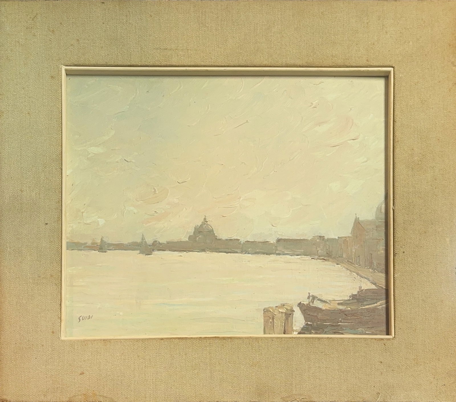 Virgilio Guidi, Oil on Panel, Italian (1891 - 1984): KEYWORDS: Mediterranean, Landscape, Board, Impasto, Venice, Waterfront, Contemporary, Textured, Atmospheric. Virgilio Guidi (1891–1984) was a prominent Italian painter, writer, and teacher whose car