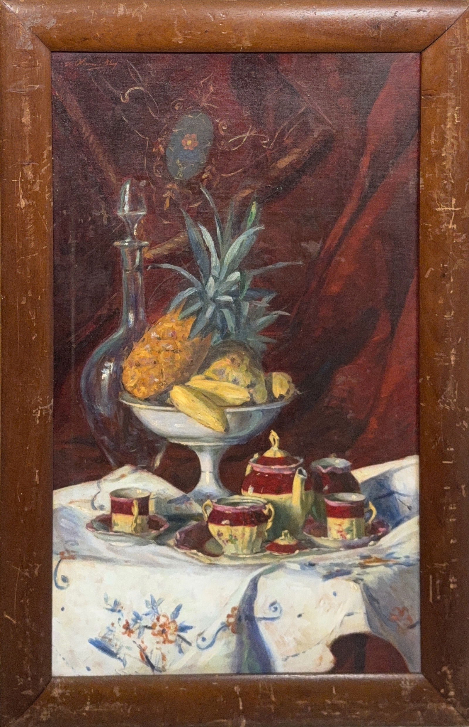 Augusto Oliva Blay, Oil on Canvas, Cuban (1906–1990): KEYWORDS: Still-Life, Impressionistic, Tropical, Pineapple, Banana, Decanter, Tea set, Ceramic, Drapery, Luminous. Augusto Oliva Blay (1906–1990) was a Cuban artist primarily recognized for his land