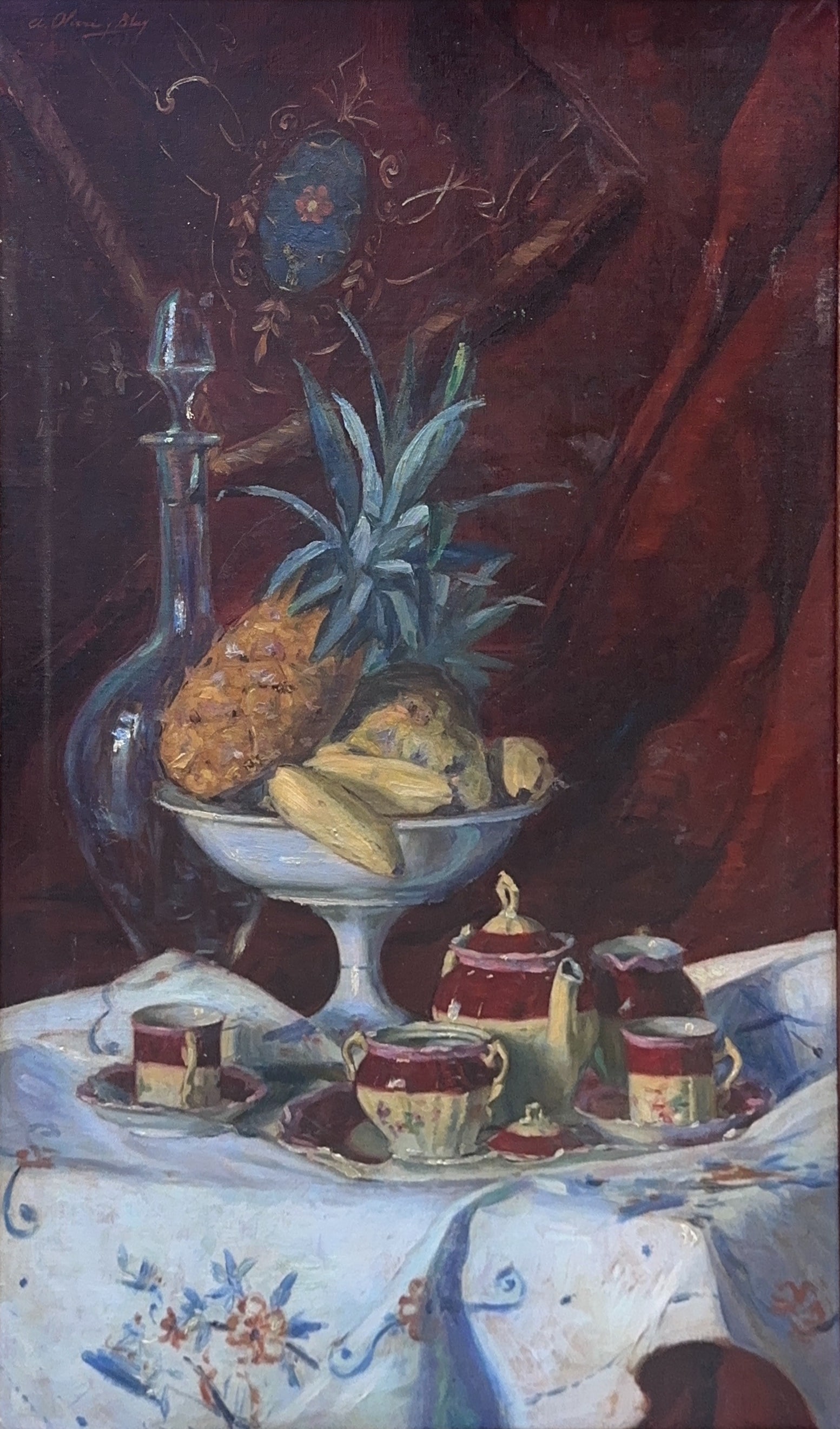 Augusto Oliva Blay, Oil on Canvas, Cuban (1906–1990): KEYWORDS: Still-Life, Impressionistic, Tropical, Pineapple, Banana, Decanter, Teaset, Ceramic, Drapery, Luminous. Augusto Oliva Blay (1906–1990) was a Cuban artist primarily recognized for his lands
