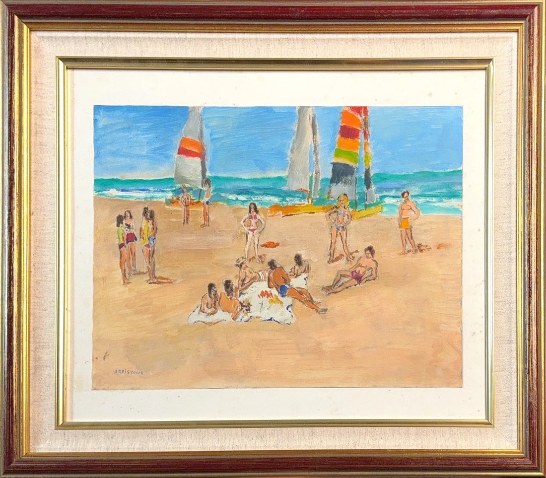 Yolande Ardissone, Oil/Temper/Mix-Media on Paper, French (1927 - 2024): KEYWORDS: American, Watercolor, Paper, Beach, Umbrellas, People, Sky. Born: 1927 - Normandy, France. Known for: Impressionist landscape, marine, and still-life painting. Name variants: Yolande Ardison