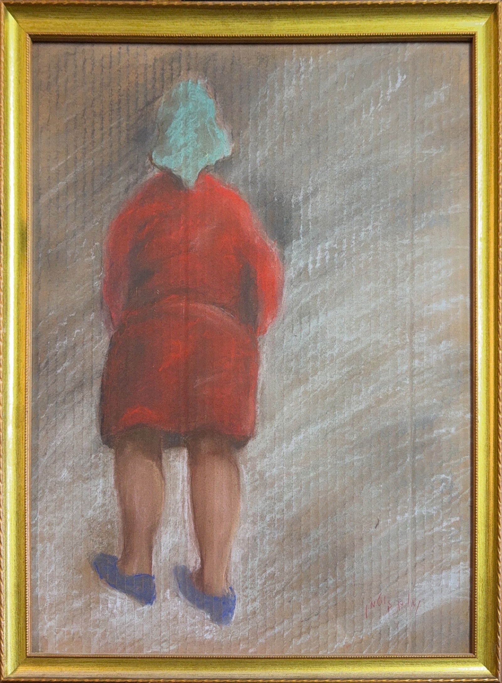 Nahum Gutman, Pastel on Cardboard, Israeli (1898 - 1980): KEYWORDS: Figurative, Expressionistic, Cardboard, Texture, Solitude, Urban, Red-Coat, Atmospheric, Minimalist, Muted. He was an Israeli painter, illustrator, sculptor and author, who became a pioneer
