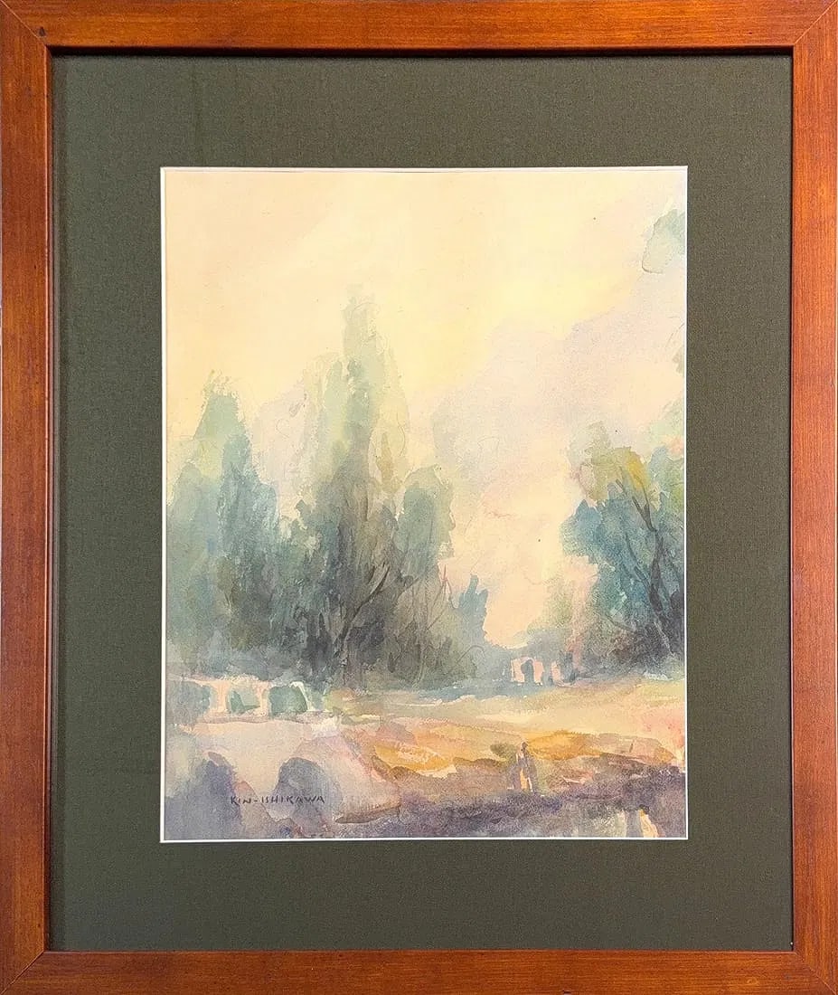 Kinichiro Ishikawa, Watercolor on Paper, Japanese (1871 - 1945): KEYWORDS: Antique, Custom Frame, Asian, Watercolor, Paper, Impressionist, House, Lake. Born: 1871 - Shizuoka, Japan. Died: 1945. Known for: Scenery painting. Name variants: Ishikawa Kinichiro. During