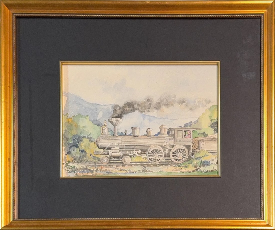 Walter Kohler, Watercolor on Paper, American (1875-1940): KEYWORDS: Locomotor/Train, Smoke, Railroad, Trees, Mountains, Antique, Fresh Frame. Born in Sheboygan, Wisconsin, Kohler Sr. began working for his father's company, which would become the Kohler Compa