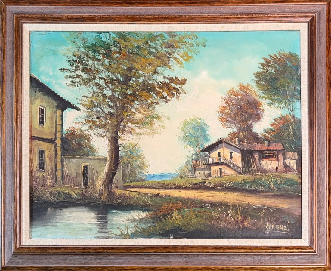 Henri Lorenzi, Oil on Canvas, French Artist: KEYWORDS: Oil, French, Houses, Trees, Lake, Landscape. Henri Lorenzi is a multifaceted French figure, known as an artist, chef, and author, whose life has been deeply intertwined with the French Rivie