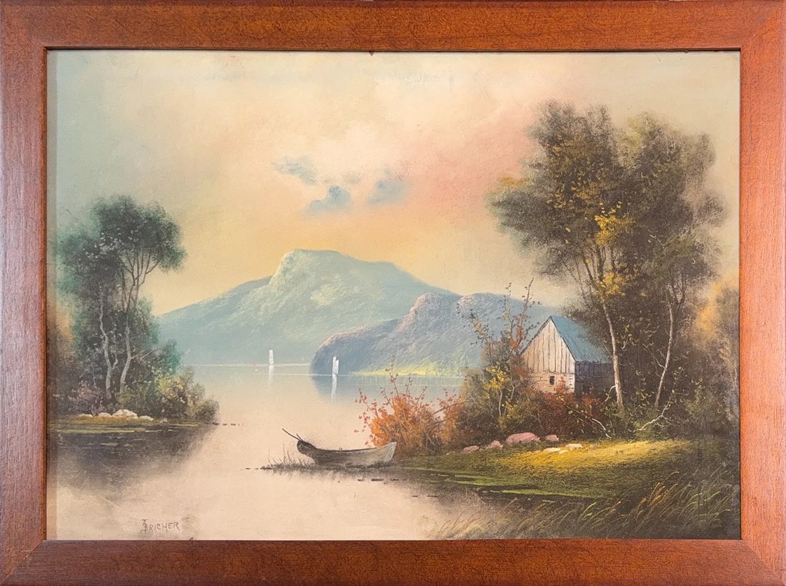 Alfred Thompson Bricher, Pastel on Paper, English (1837 - 1908): KEYWORDS: Traditional style, Naturalistic, Realistic, Lakeside, Lake scene, Waterside, Rustic cabin, Barn, Boathouse, Rowboat, Dory, Mountain view, Distant mountains, Pastoral scene, Tranquil, Impress