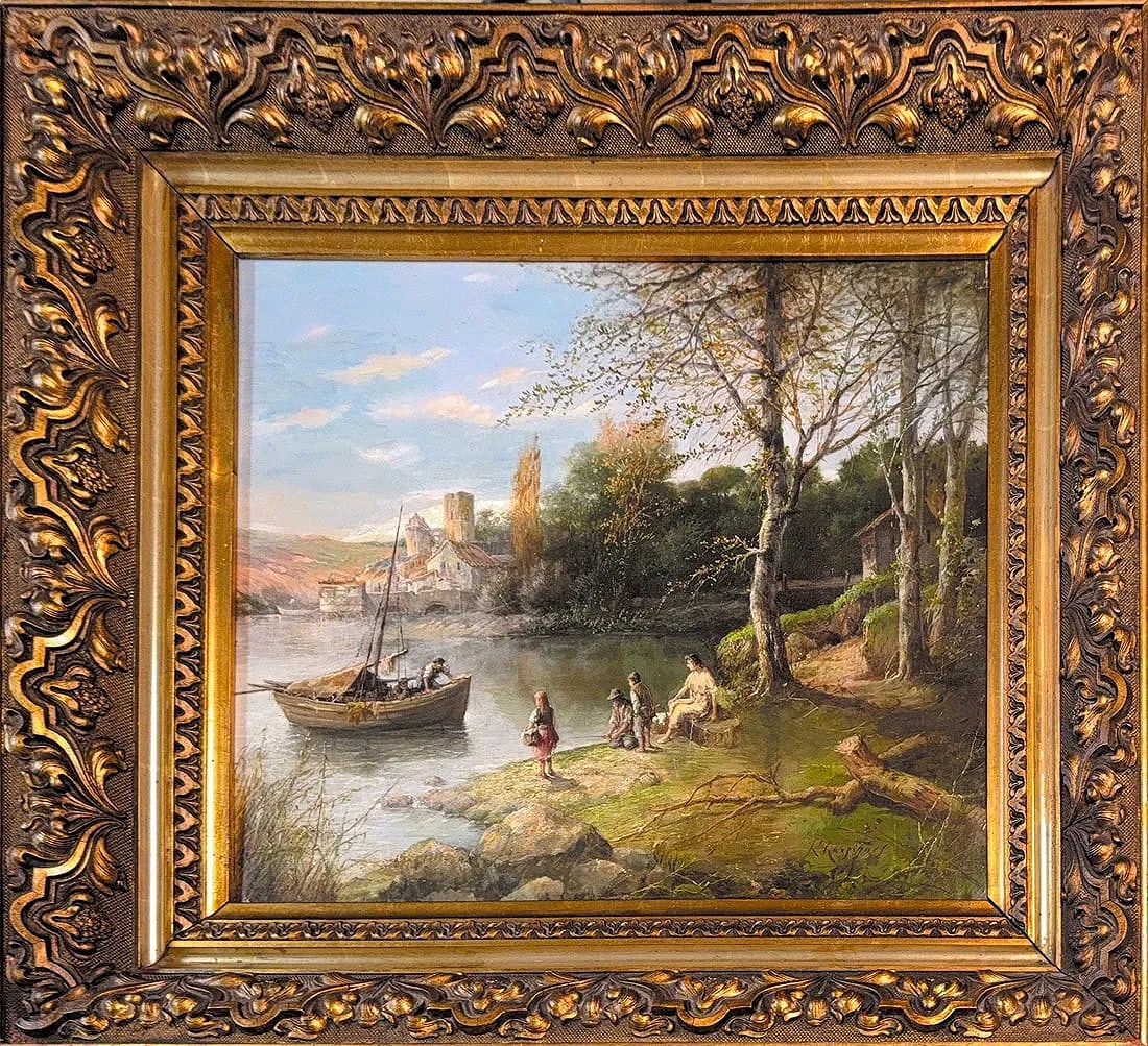 Henri-Joseph Harpignies, Oil on Canvas, French (1819 - 1916): KEYWORDS: Riverside, Figures, Village, Shore, Serene, Rocky, Earthy, Traditional, Wooden, Boat. Born: 1819 - Valenciennes, France. Died: 1916 - Saint-Prive, France. Known for: Landscape painting, wate