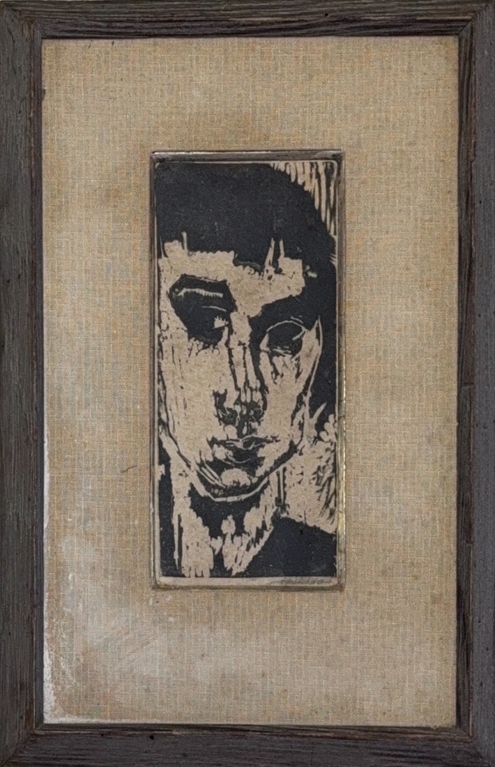 Erich Heckel, Antique Woodcut, German (1883 - 1970): KEYWORDS: Woodcut, Portrait, Expressionism, Monochrome,Gestural, Contrast, Graphic, Figurative, Stark, Textured. Heckel was born in 1883 in Dobeln, Saxony. He was influenced by Van Gogh and Edvard Mun