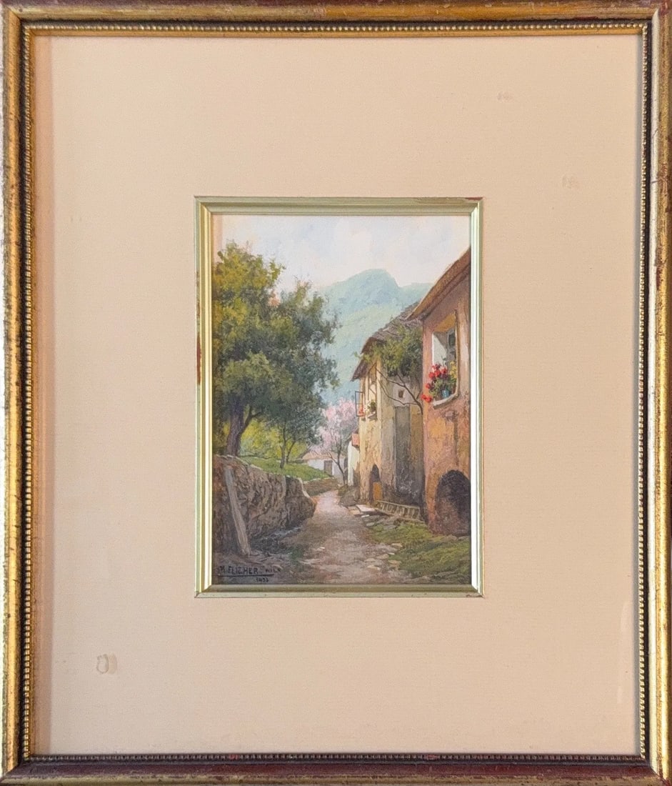 Karl Flieher, Watercolor on Paper, Austrian (1881 - 1958): KEYWORDS: Oil painting, Village scene, Narrow lane, Sunlit, Impressionism, European Architecture. Born: 1881 - Vienna. Died: 1958 - Zell am See. Known for: Painting. Austrian landscape painter (1881 V