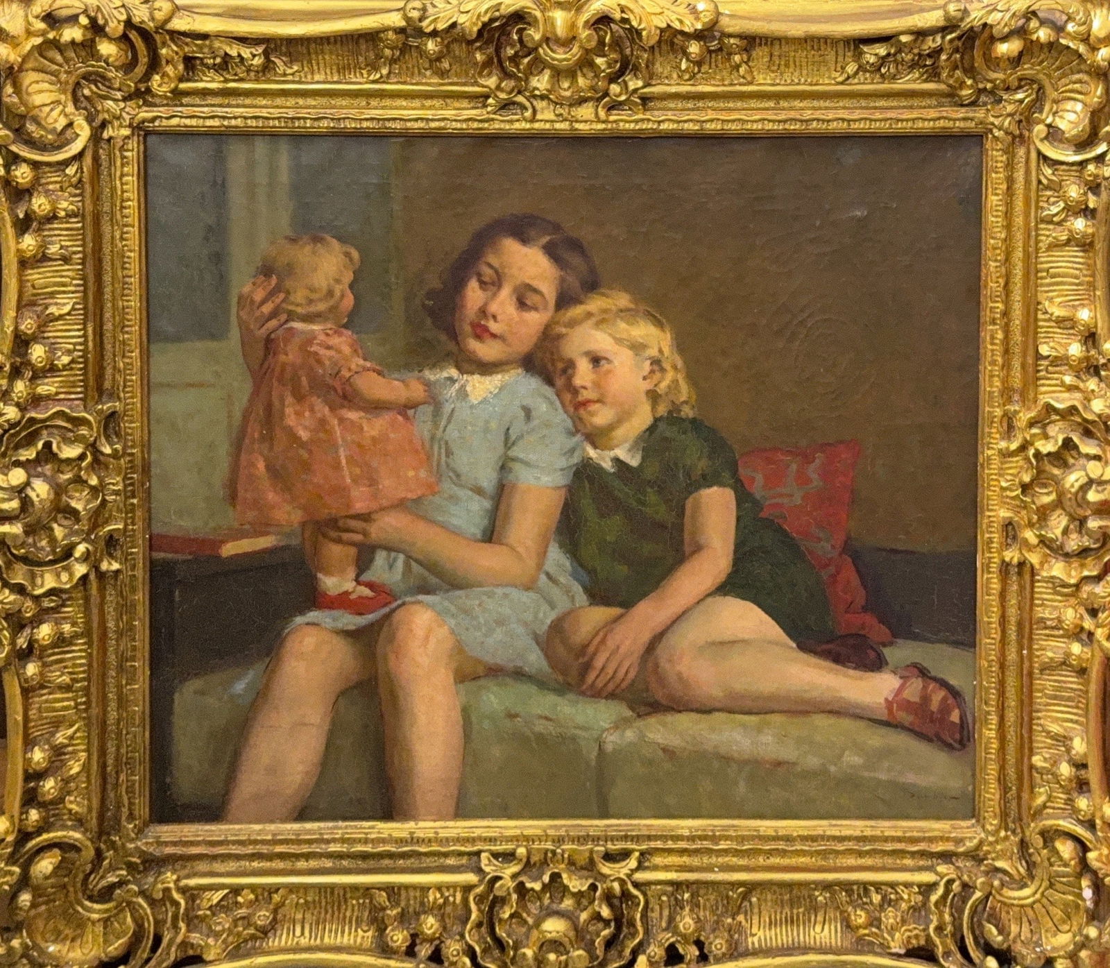 Signed Antique by Barbier, Oil on Canvas, "Girls and their Doll": KEYWORDS: Impressionism, Portrait,Oil, Sisters, Siblings, Children, Doll, Figurative, Interior, Domestic. French Artwork. The painting depicts two young girls engaged in play with their doll. Such dom