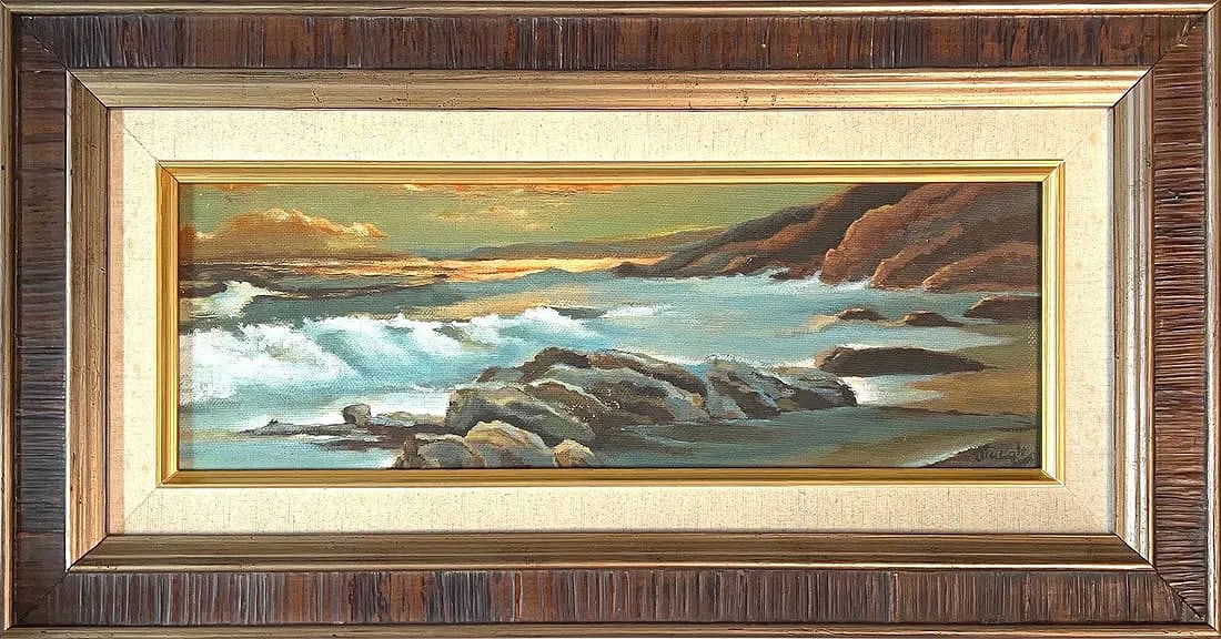 Frederick Judd Waugh, Oil on Canvas, American (1861 - 1940): KEYWORDS: Seascape, Impressionism, Coastal, Surf, Oil, Canvas, Pacific, Atmospheric, Luminous, Sunset, Rocky, Gestural. A noted seascape painter especially of surf churning against white froth on seas