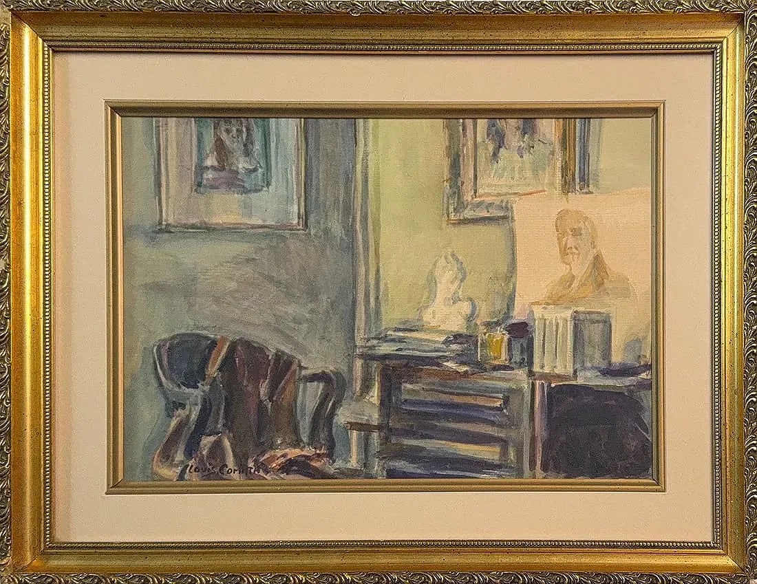 Lovis Corinth, Watercolor/Gouache on Paper, German (1858 - 1925): KEYWORDS: German, Watercolor, Gouache, Paper, Furniture, Books, Statue, Wall Paintings, Painting, Studio. Born: 1858 - Tapiau, Germany. Died: 1925 - Amsterdam, Holland. Known for: Portrait, figure, la