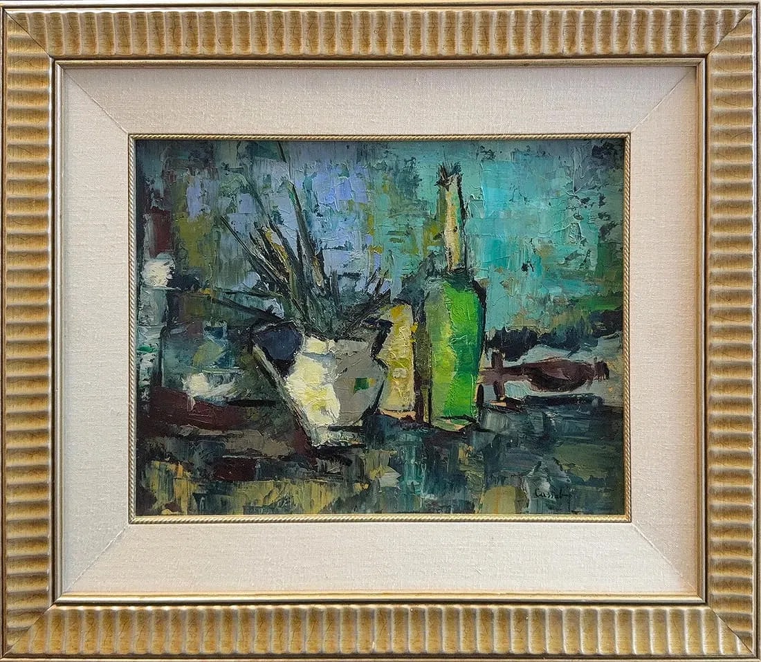 Judy Cassab, Oil on Hard board, Australian (1920 - 2015): KEYWORDS: Oil, Impasto, Expressionistic, Still lifeBottle, Jug, Green, Blue, Mid-century, Framed. Born: 1920 - Vienna, Austria. Died: 2015 - Randwick, Australia Known for: Expressionist and abstract i