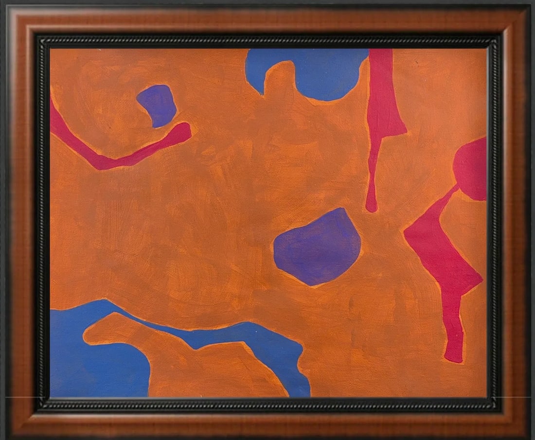 Patrick Heron, Gouache on Artistic Paper, English (1920 - 1999): KEYWORDS: Abstract art, Color Field, Organic Shapes, Amorphous, Irregular forms, Vibrant colors, Orange, Blue, Magenta, Palette, Brushstrokes, Mid-Century modern. Born: 1920 - Headingley, Leeds, Engla