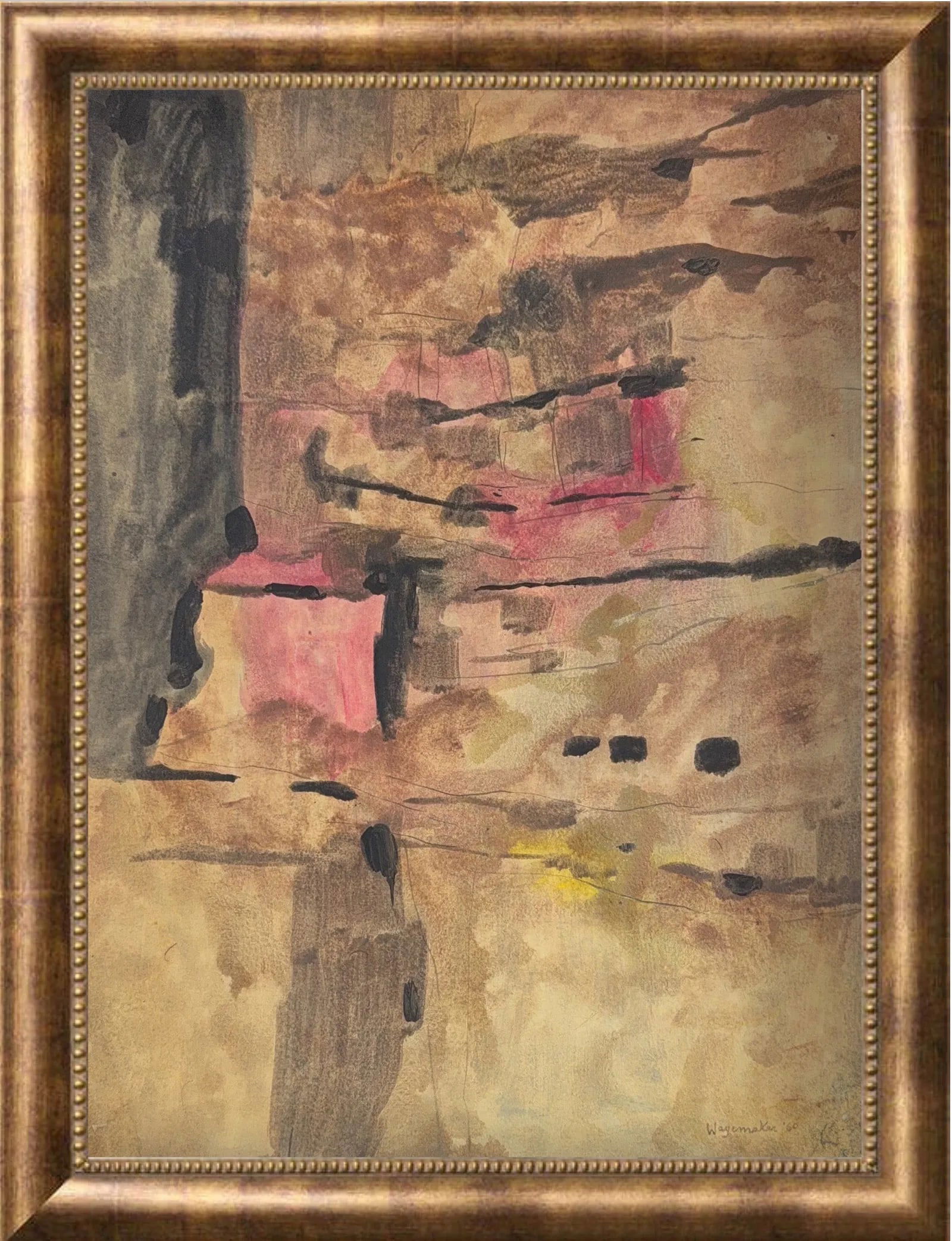 Jaap Wagemaker, Watercolor/Mix-Media on Paper, Dutch (1906 - 1972): KEYWORDS: Landscape, Industrial scene, Factory smokestacks, Lush green foliage, View through trees, Impressionist style, Vibrant colors, Textured brushwork, Red rooftops. Born in Haarlem, Netherlands,