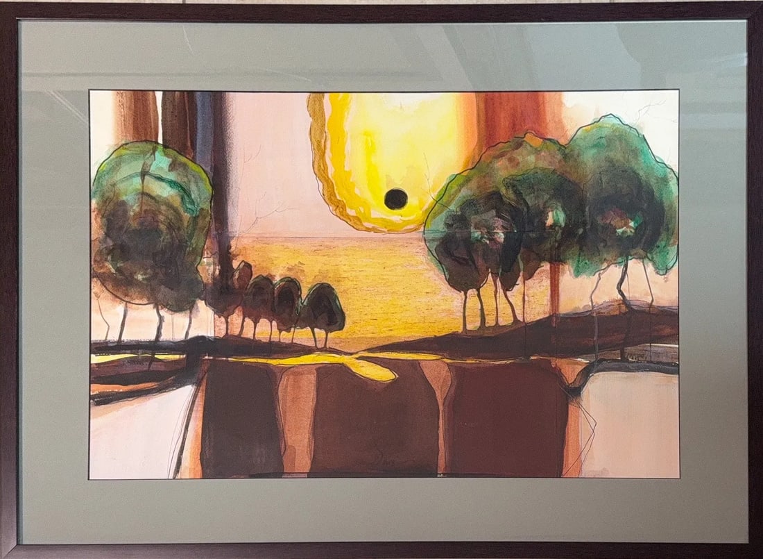 Arthur Garfield Dove, Watercolor/Mix-Media on Paper, American (1880 - 1946): KEYWORDS: Abstract, Landscape, Watercolor, Large yellow sun, Green trees, Brown foreground, Expressive brushstrokes, Modern art, Earthy tones, Textured. Born: 1880 - Canandaigua, New York. Died: 1946
