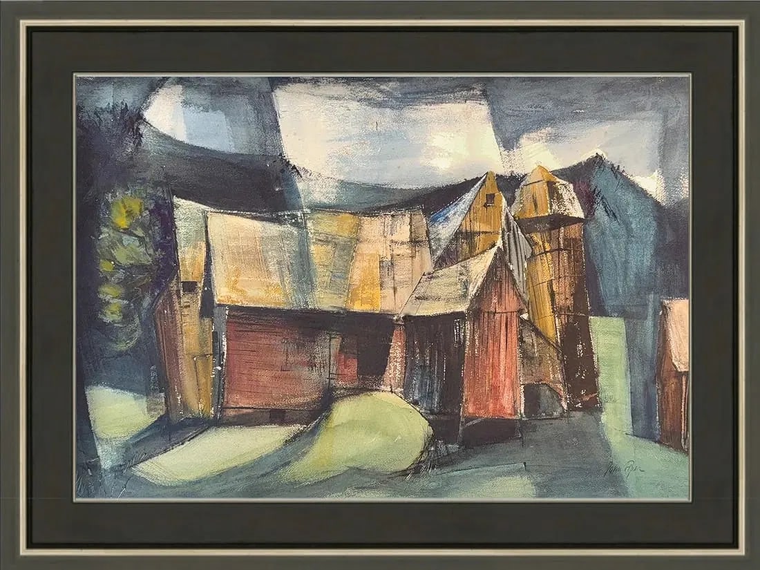 John Piper, Watercolor on Paper, English (1946 - Ongoing): KEYWORDS: Abstract / Figurative Abstraction, Landscape, Rural Scene, Barn / Silo, Watercolor / Gouache / Ink, Neo-Romanticism, Architectural Study, Dynamic / Angular (referring to the composition), Te