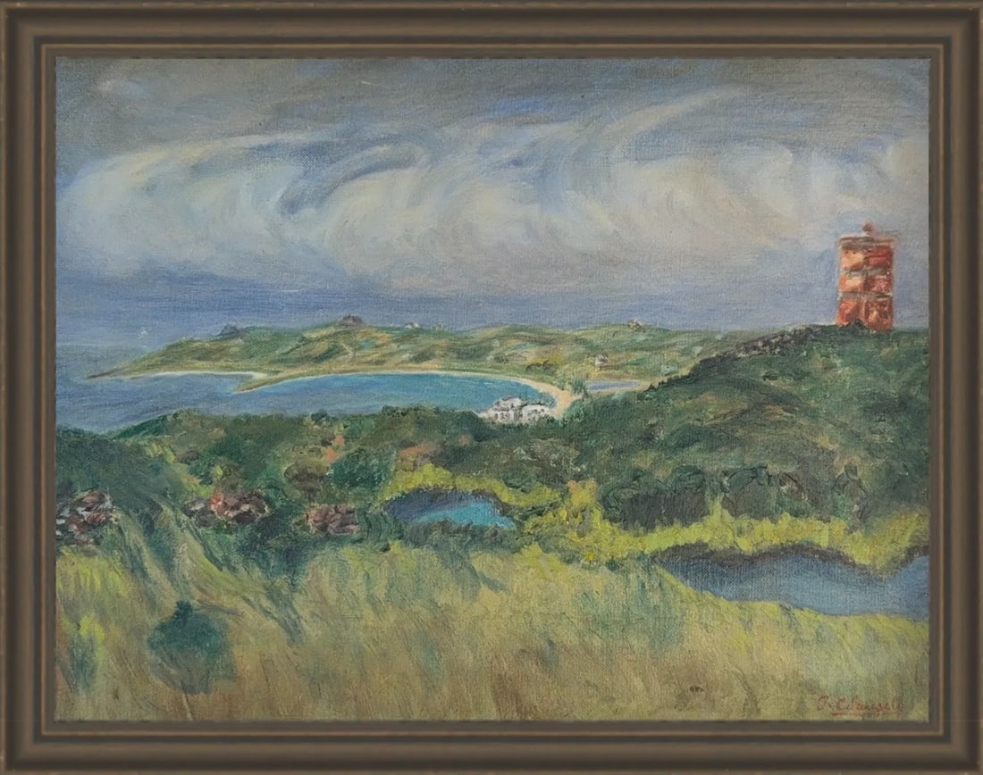 Joaquin Clausell, Oil on Hard Board, Mexican (1866 - 1935): KEYWORDS: Landscape, Coastal scene, Impressionist style, Hilly terrain, Bay or cove, Small village, Red brick tower, Cloudy sky, Textured brushwork. Born: 1866 - Campeche, Mexico. Died: 1935 - Lagos d