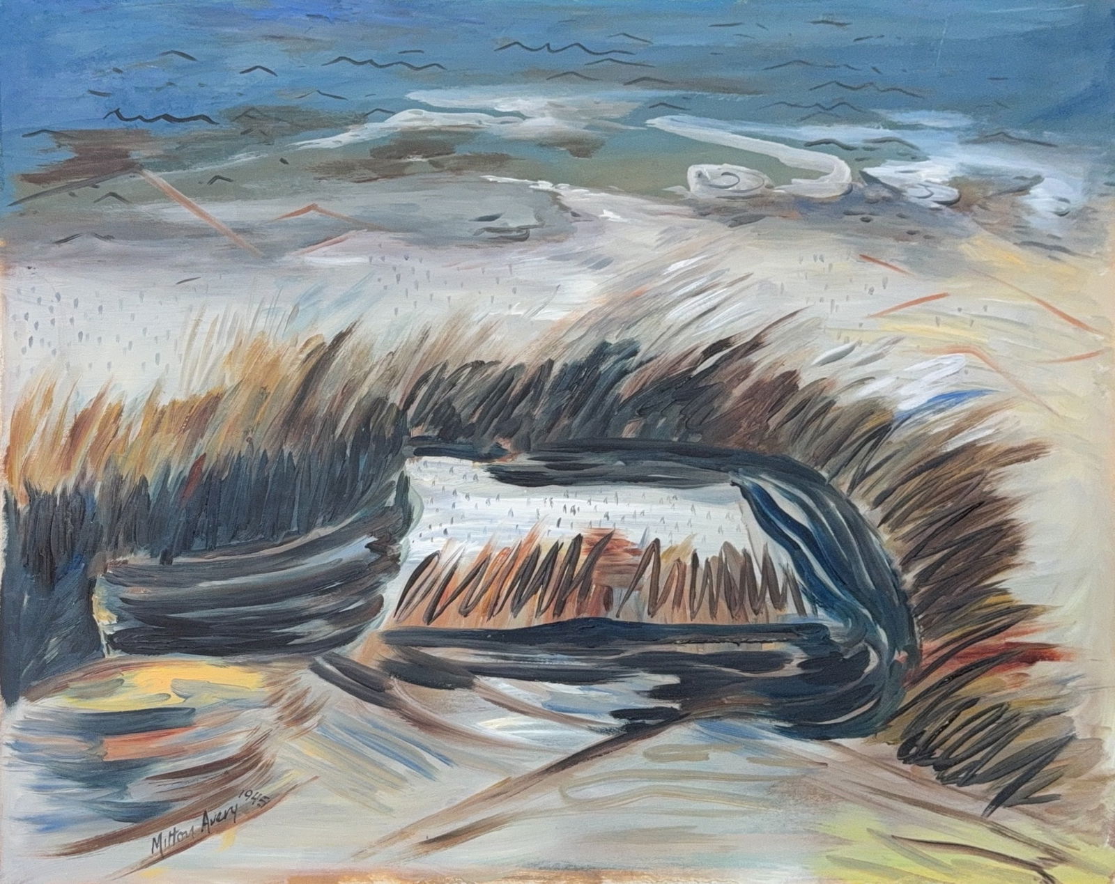 Milton Avery, Gouache/Mix-Media on Paper, American (1885 - 1965): KEYWORDS: Churning Bay, American Modernism, Watercolor on paper, Seascape, Abstracted landscape, Simplified forms, Flattened planes, Expressive brushwork, Agitated water, Coastal scene, Color Field in