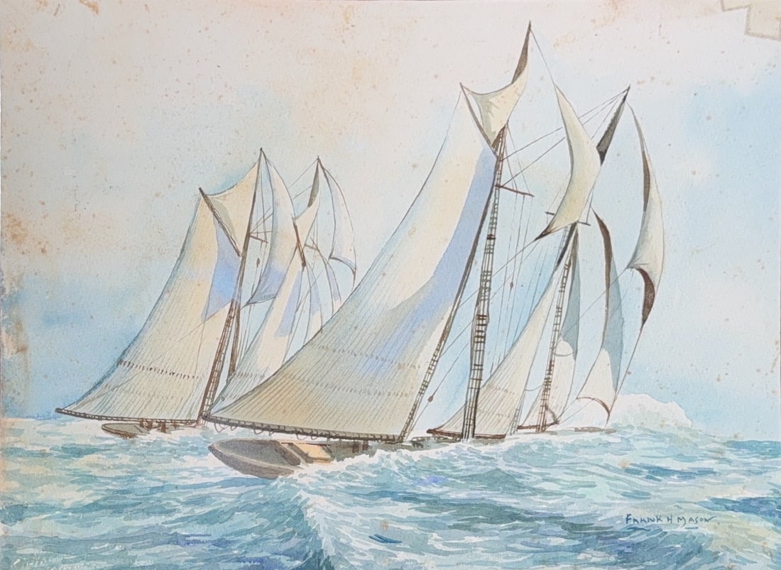 Frank H. Mason, Watercolor on Paper, British (1875 - 1965): KEYWORDS: Maritime, Watercolor, Schooner racing, Nautical illustration, Heeling yachts, Pressure, Wind, Full sail (specifically gaff-rigged sails), Choppy seas, Light Impressionist, Nautical heritage,