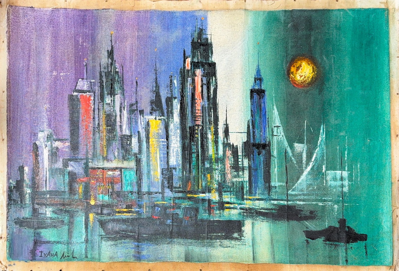 Ivana Milosevic, Oil on Canvas, Serbian (1972 - Ongoing): KEYWORDS: Abstract Cityscape, Modernist Skyline, Palette knife technique, Vibrant nocturne, Stylized skyscrapers, Water reflections, Harbor scene, Ships, Atmospheric lighting. Born in 1972 in Belgrade