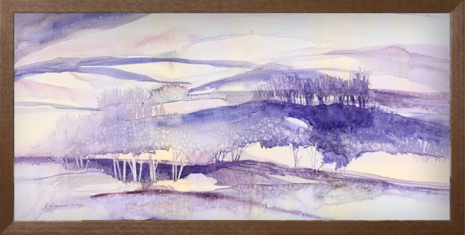 Edward Brian Seago, Watercolor on Paper, English (1910 - 1974): KEYWORDS: Landscape art, Montana Winter, Minimalist style, Atmospheric perspective, Cool-toned palette (shades of violet, lavender, and soft blue), Winter motif, Bare trees, Rolling hills, Wet-on-wet