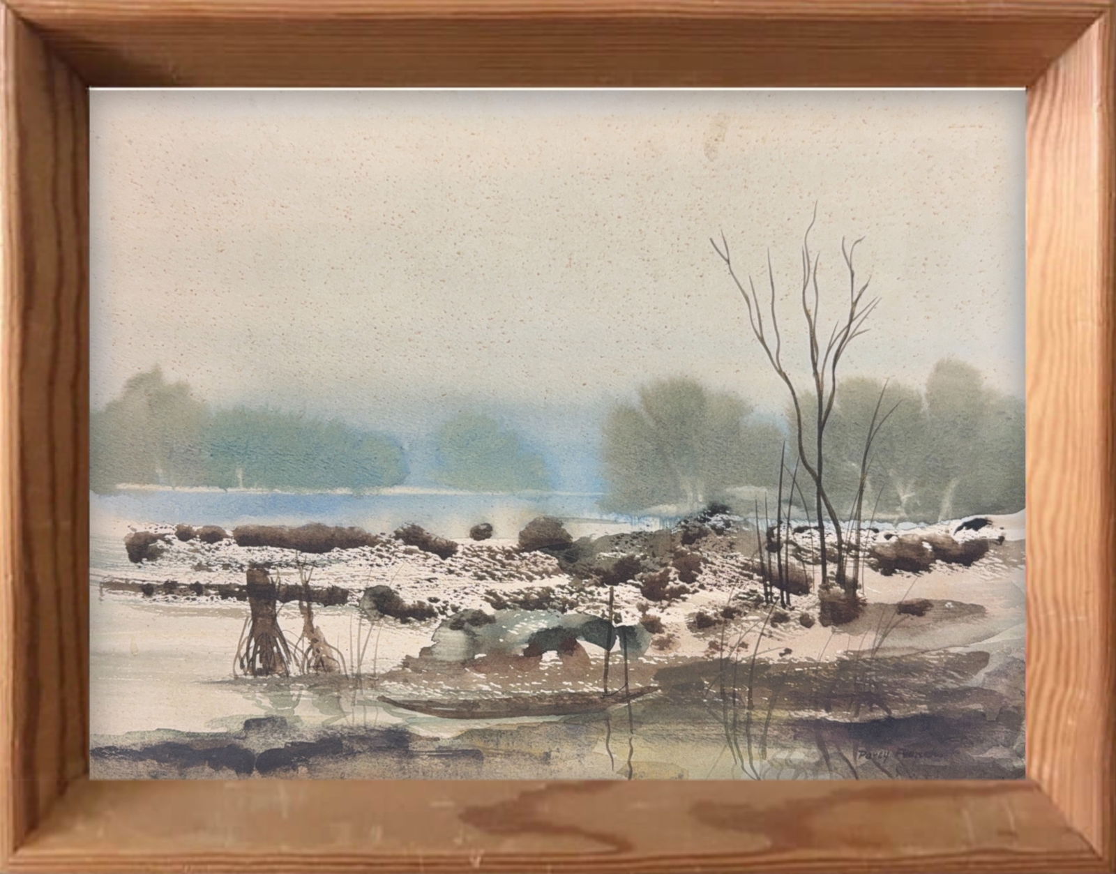 William Percy French, Watercolor on Paper, French (1854 - 1920): KEYWORDS: Landscape, Misty, Wetlands, Riverbank, Trees, Serene, Impressionist, Soft, Atmospheric. Percy French was born in 1854. Percy French grew up in Derby before being sent to school in Derry as p