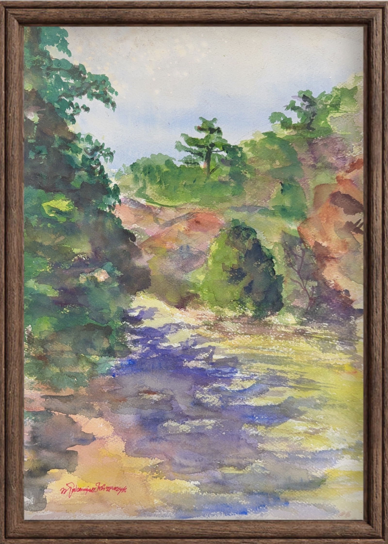 Wlodzimierz Karczmarzyk, Watercolor on Paper, Polish (1930 - Uknown): KEYWORDS: Watercolor, Evening Sun, Mississippi, Plein Air, Impressionism, Landscape, Nature, Trees, Golden Hour, Southern Art, Shadows.There's no official public reports or obituaries confirming the d