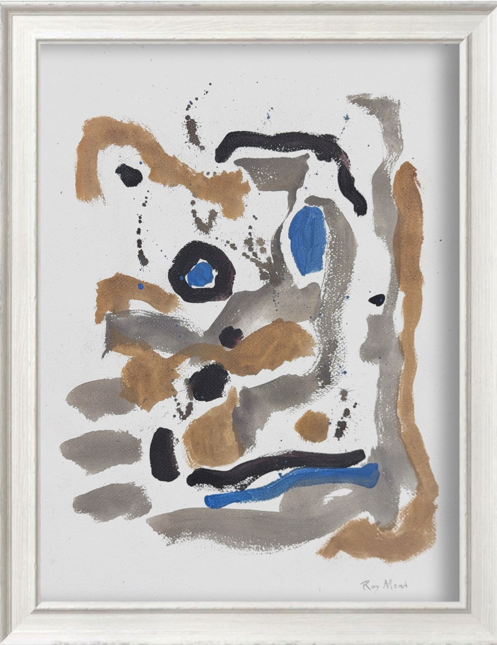 Raymond Mead, Watercolor/Mix-Media on Paper, English (1921 - 1998): KEYWORDS: Abstract, Modernist, Gestural, Expressionist, Composition, Ochre, Cobalt, Charcoal, Neutral, Brushstrokes, Splatter, Layered, Organic, Contemporary. 1921 Watford, Hertfprdshire, England - 19