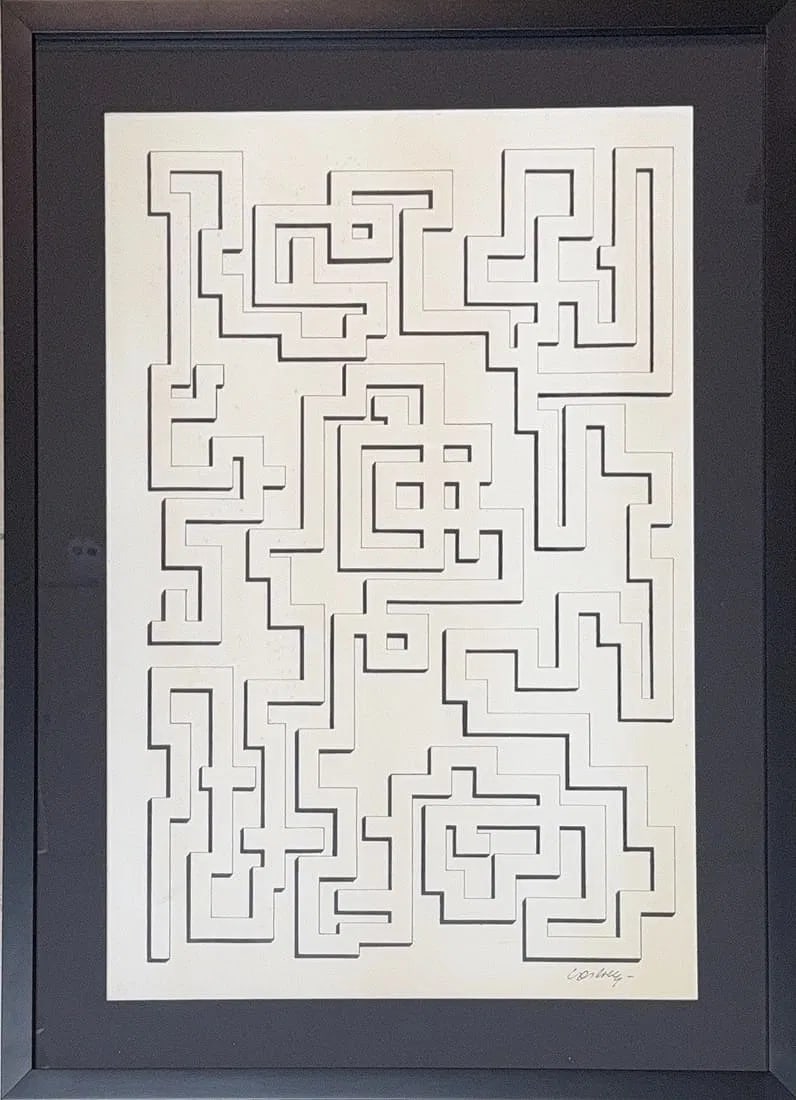 Victor Vasarely, Ink on Paper, Hungarian (1906 - 1997): KEYWORDS: Drawing, Illustration, Maze, Labyrinth, Puzzle, Geometric, Abstract, Rectilinear, Monochrome, High contrast, Shadow effect, 3D illusion, Pen and ink, Artwork. Born: 1906 - Pecs, Hungary.