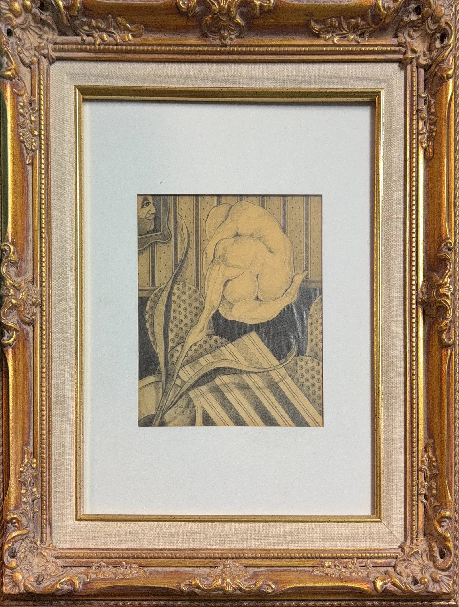 Edgar Scauflaire, Pen on Paper, Belgian (1893 - 1960): KEYWORDS: Surrealism, Anatomical abstraction, Figurative distortion, Biomorphic form, Patterned motifs, Geometric background, Vignetted portrait, Monochromatic/Tonal palette, Botanical elements,