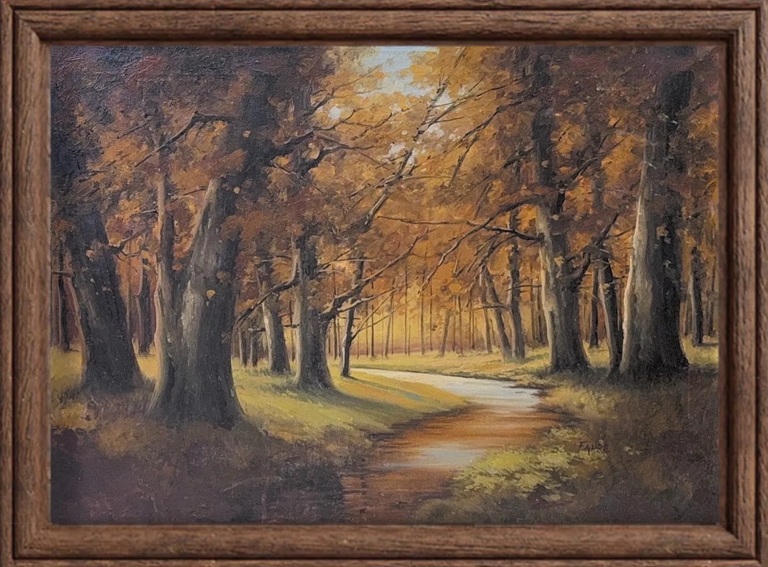 Faure Van Overbroek, Oil on Canvas: KEYWORDS: Autumn, Forest, Trees, Woodland scene, Path, Sunlight, Warm colors, Landscape, Nature, Peaceful. This scenic painting depicts an autumn forest with a stream in an impressionistic landscape