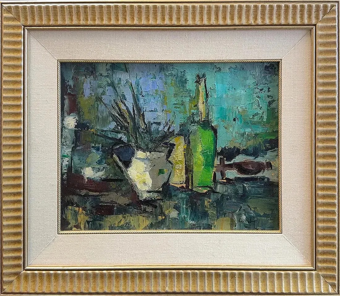 Judy Cassab, Oil on Hard board, Australian (1920 - 2015): KEYWORDS: Oil, Impasto, Expressionistic, Still life, Bottle, Jug, Green, Blue, Mid-century, Framed. Born: 1920 - Vienna, Austria. Died: 2015 - Randwick, Australia Known for: Expressionist and abstract