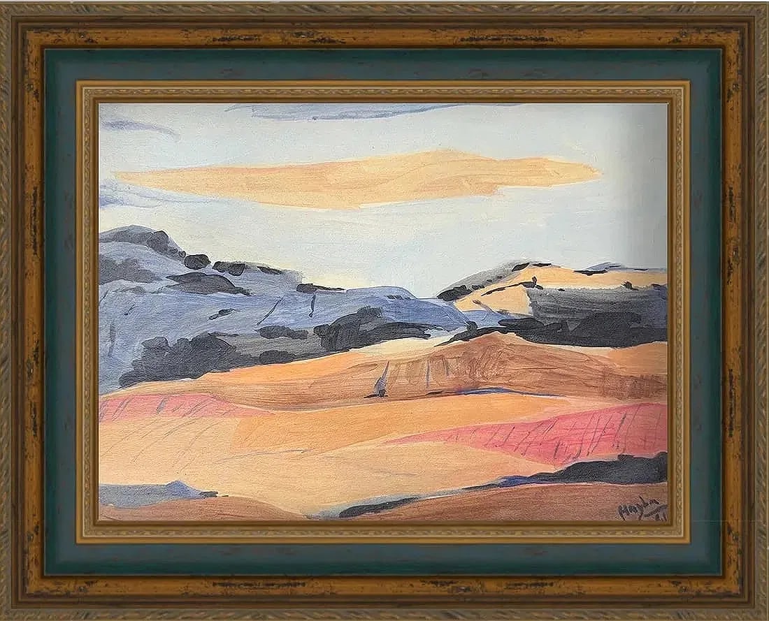 Henri Hayden, Watercolor/ Gouache/Mix-Media on Paper, Polish (1883 - 1970): KEYWORDS: Gouache, Landscape, Abstract, Desert, Hills, Orange, Blue, Mid-century. Born: 1883 - Warsaw, Poland. Died: 1970 - Paris, France. Known for: Cubist, abstract still life and landscape painting