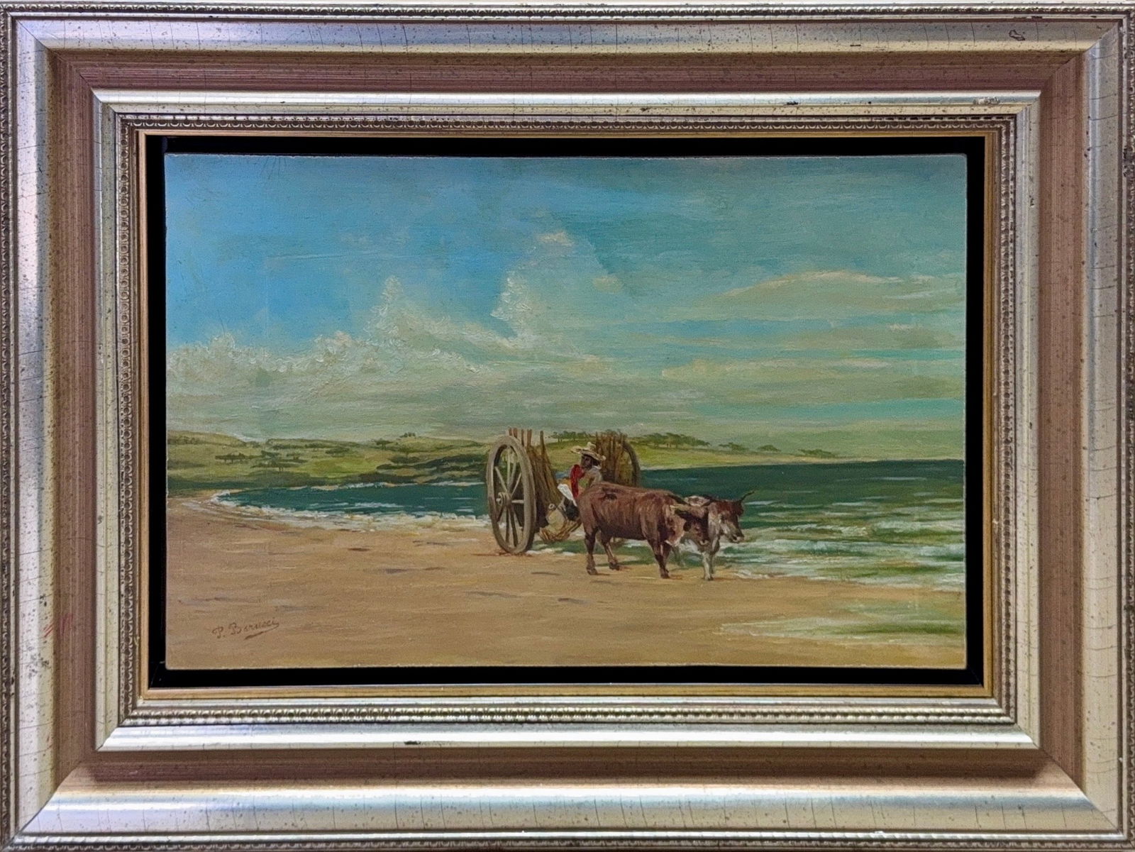 Pietro Barucci, Oil on Woodboard, Italian (1845 - 1917): KEYWORDS: Landscape, Coastal, Oxen, Cart, Laborer, American, Oil, Antique, Atmospheric, Gestural. Pietro Barucci was a painter from Italy who was a pupil of Achille Vertunni at the Accademia di San Lu