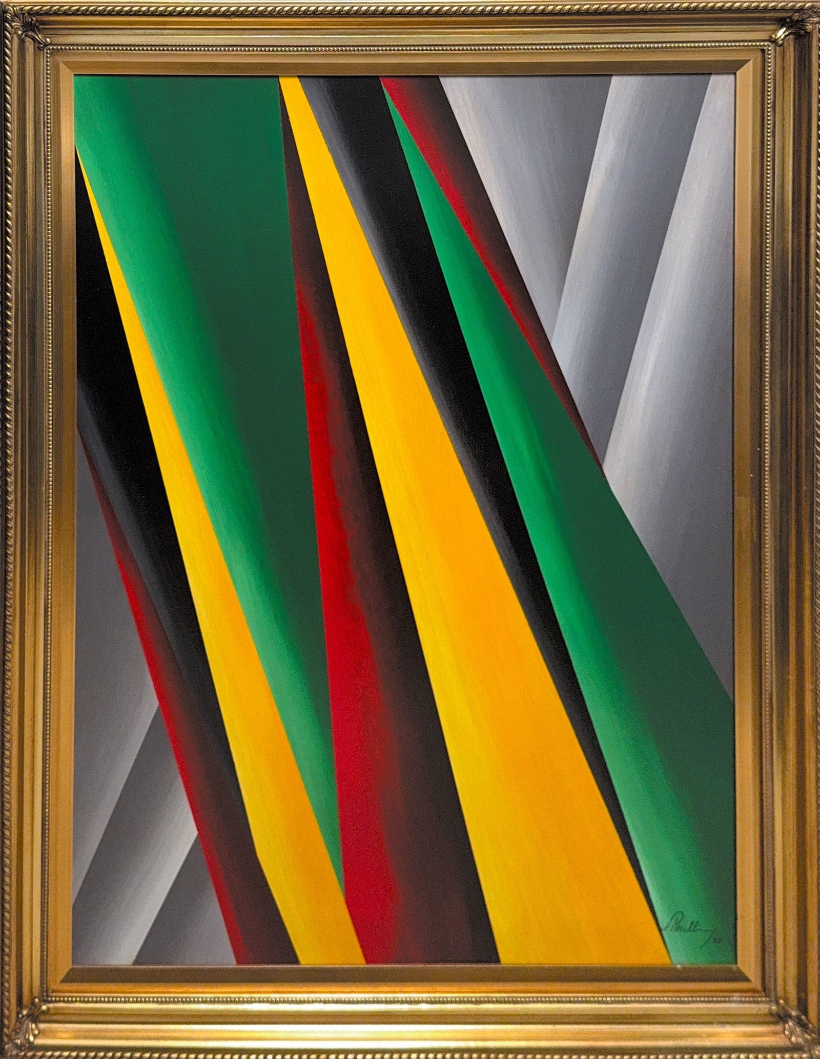 Alfons Schilling, Acrylic on Canvas, Swiss (1934 - 2013): KEYWORDS: Abstract, Geometric, Baertling, Triangular, Dynamic, Non-objective, Modernism, Converging, Emerald, Ochre. Alfons Schilling was born in 1934 in Basel. In 1956 he movedfrom Switzerland to Vie