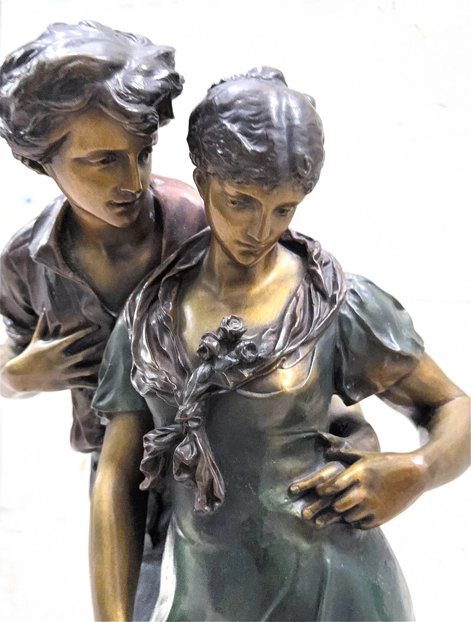Bronze Sculpture 'Lovers' - In the Manner of Luca Madrassi (1848-1919): KEYWORDS: Sculpture, Bronze, Patinated, Lovers, "Jeune Couple'' (French title), Amorous couple, Luca Madrassi (In the Manner), Figural group, Statue, Art Nouvea, Love Story. The sculpture depicts a yo